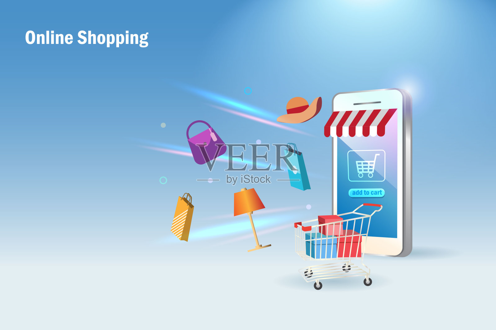 在线购物。网上商店在智能手机应用程序与购物车，礼品盒和购物袋。电子商务、零售业务技术和配送服务。插画图片素材