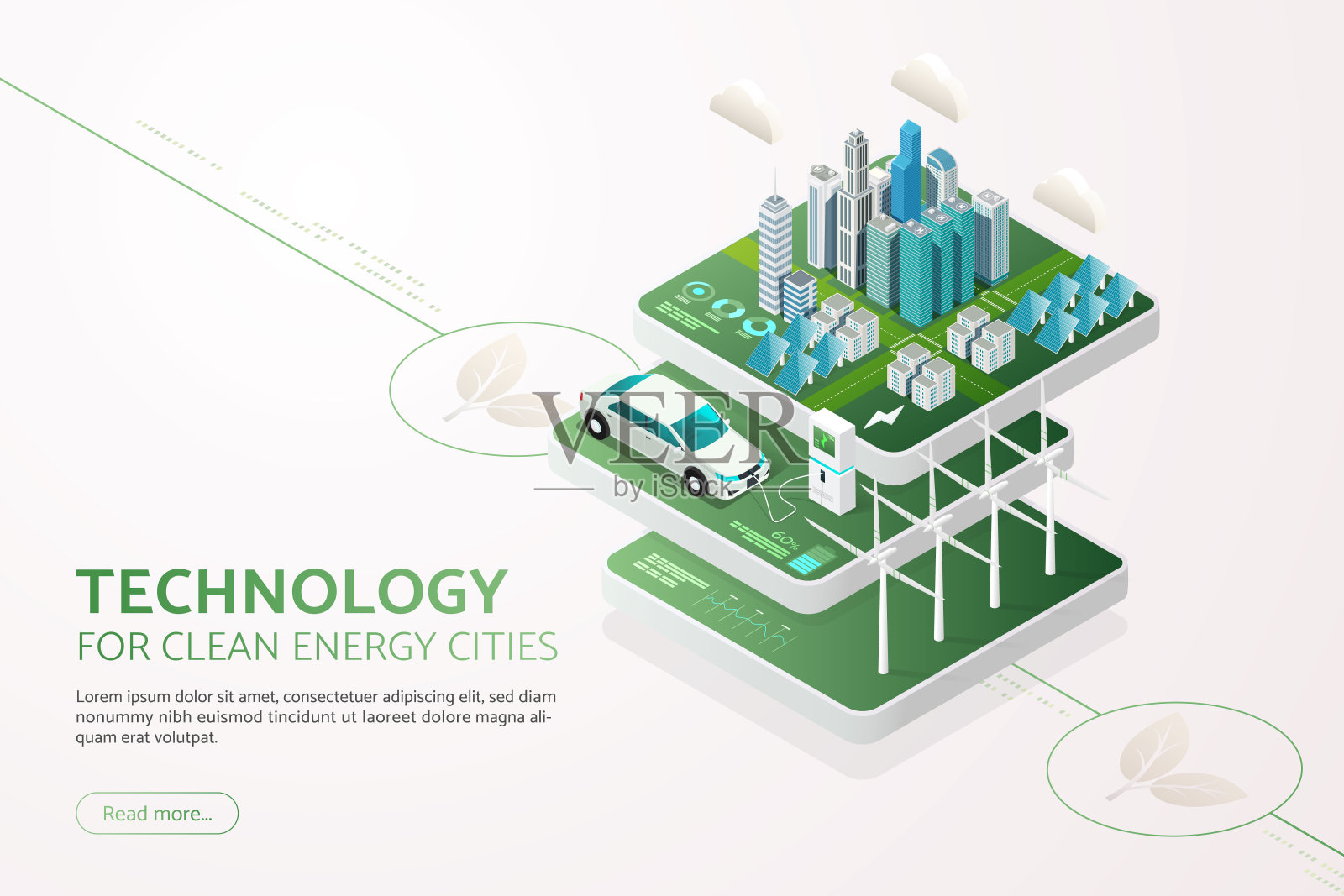 绿色城市通过太阳能电池板和风力涡轮机发电清洁能源电动汽车充电电池插画图片素材
