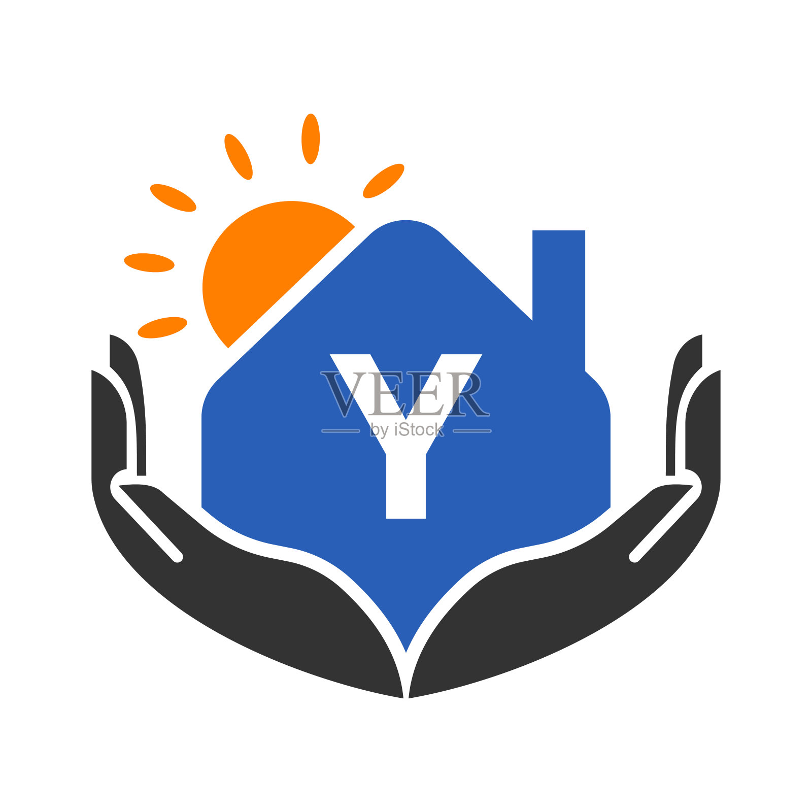 房地产标志上的字母Y标志，概念与太阳，房子和手模板。安全家园标志元素矢量插画图片素材