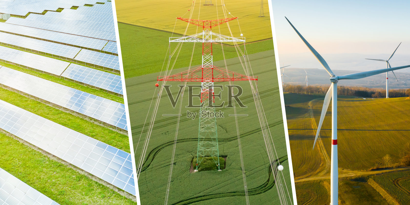 用太阳能电池板制作绿色能源拼贴画。风力发电厂和电塔。照片摄影图片