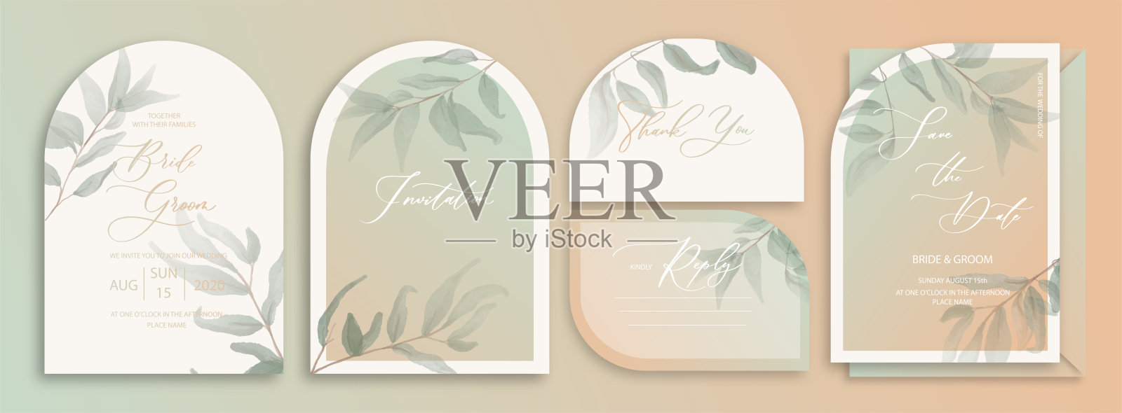 豪华拱门婚礼邀请卡背景与绿色水彩植物叶片。抽象花卉艺术背景矢量设计婚礼和vip封面模板。插画图片素材