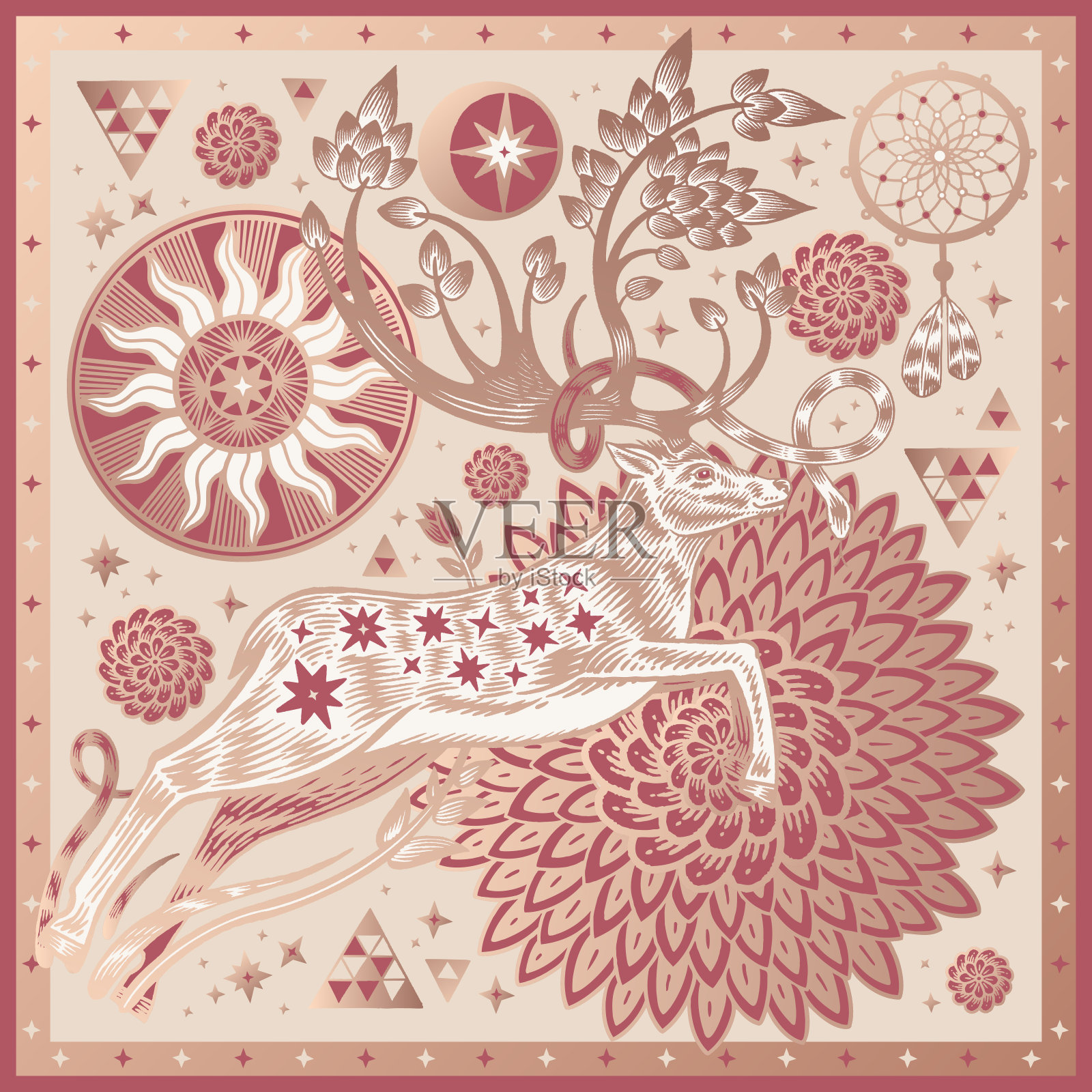 围巾和枕头的图案。幻想森林里长着鹿角的鹿。向量。插画图片素材