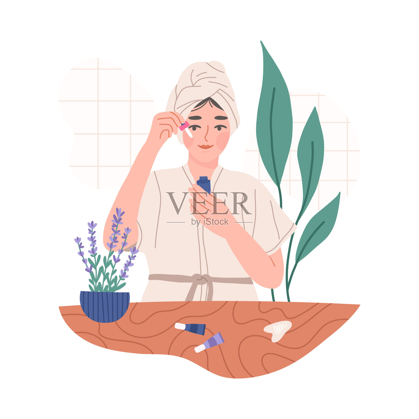 年轻女子在浴室里把护肤产品涂在脸上，白色的平面矢量插图孤立起来。设计元素图片