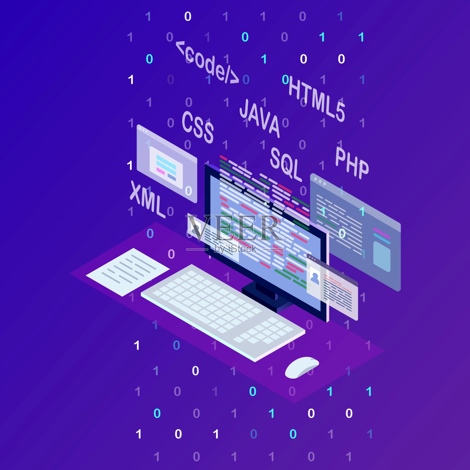 软件开发，编程语言，编码。3d等距笔记本电脑，电脑与数字应用隔离在白色背景。矢量设计插画图片素材