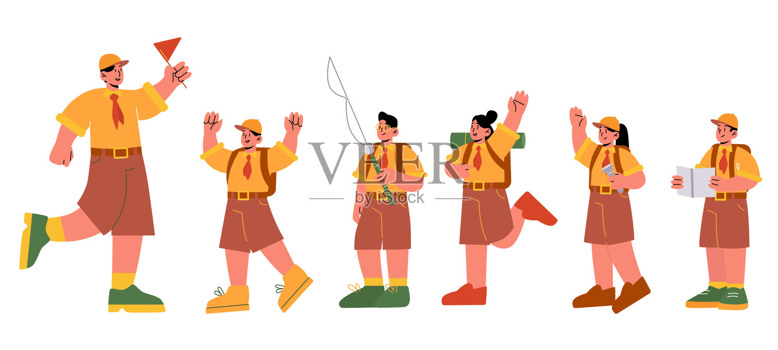 参加夏令营的童子军和辅导员插画图片素材