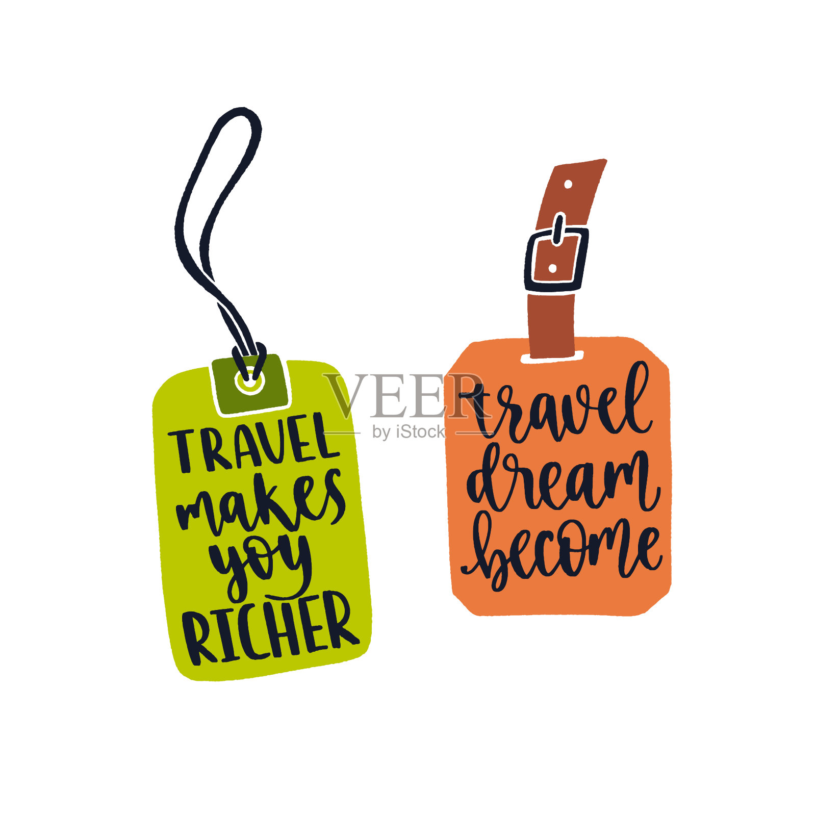 两个行李标签与旅行灵感引用。插画图片素材