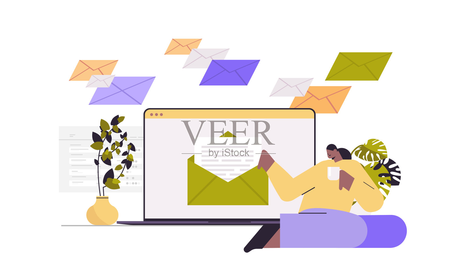 非裔美国妇女阅读或写在笔记本电脑上的信件屏幕女孩在电脑上交流电子邮件消息邮件概念水平全长矢量插图插画图片素材