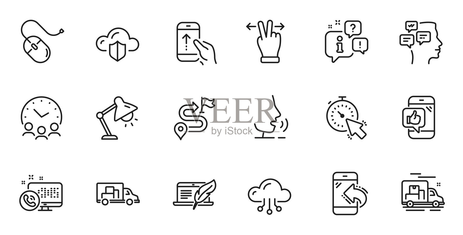 版权笔记本电脑概述集，旅程和触摸屏的手势线图标的web应用程序。为设计。向量图标素材
