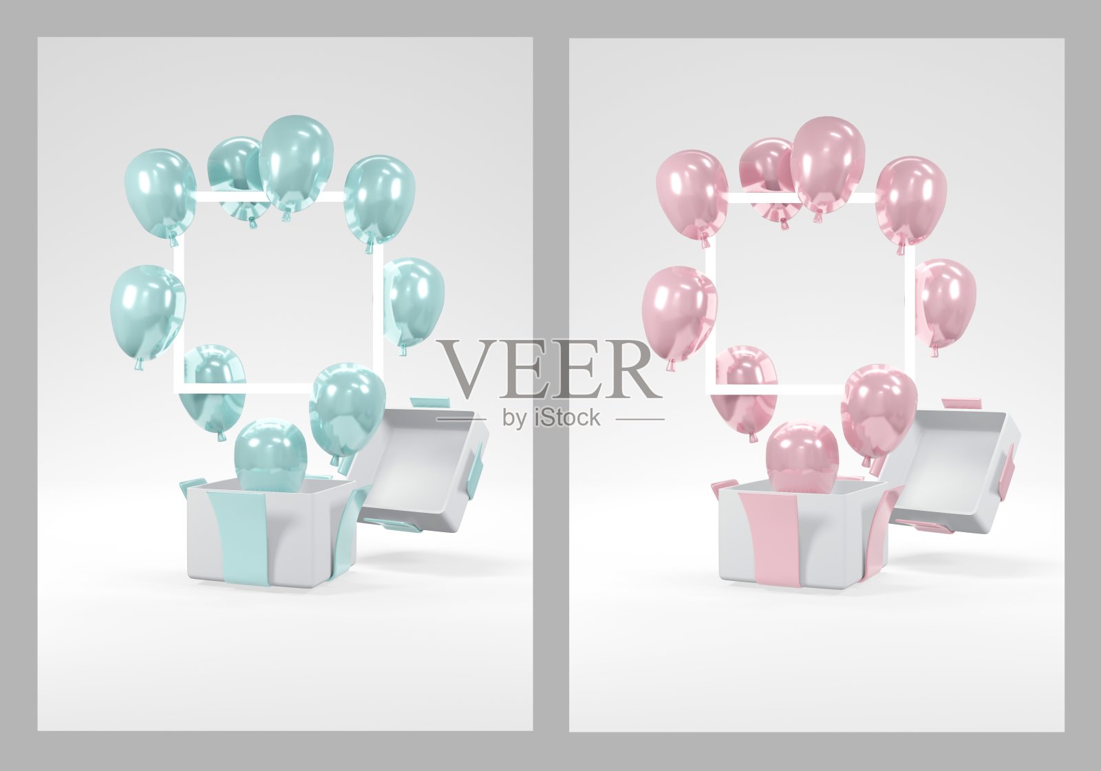 性别展示、宝宝派对、生日派对的3D渲染概念。现实的蓝色和粉红色粉彩气球漂浮在礼品盒上的白色背景。邀请卡。3D渲染。3D插图。照片摄影图片
