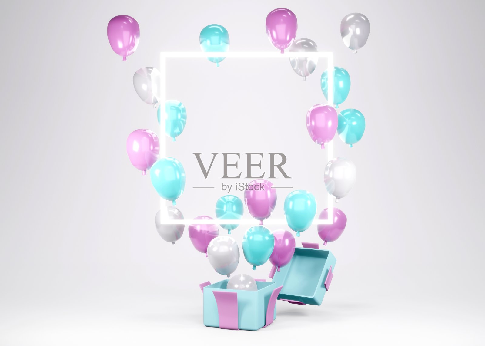 3D渲染粉红色蓝色气球漂浮的礼盒与空间的背景概念的性别揭示，婚礼，生日，派对邀请卡模板的文本。照片摄影图片