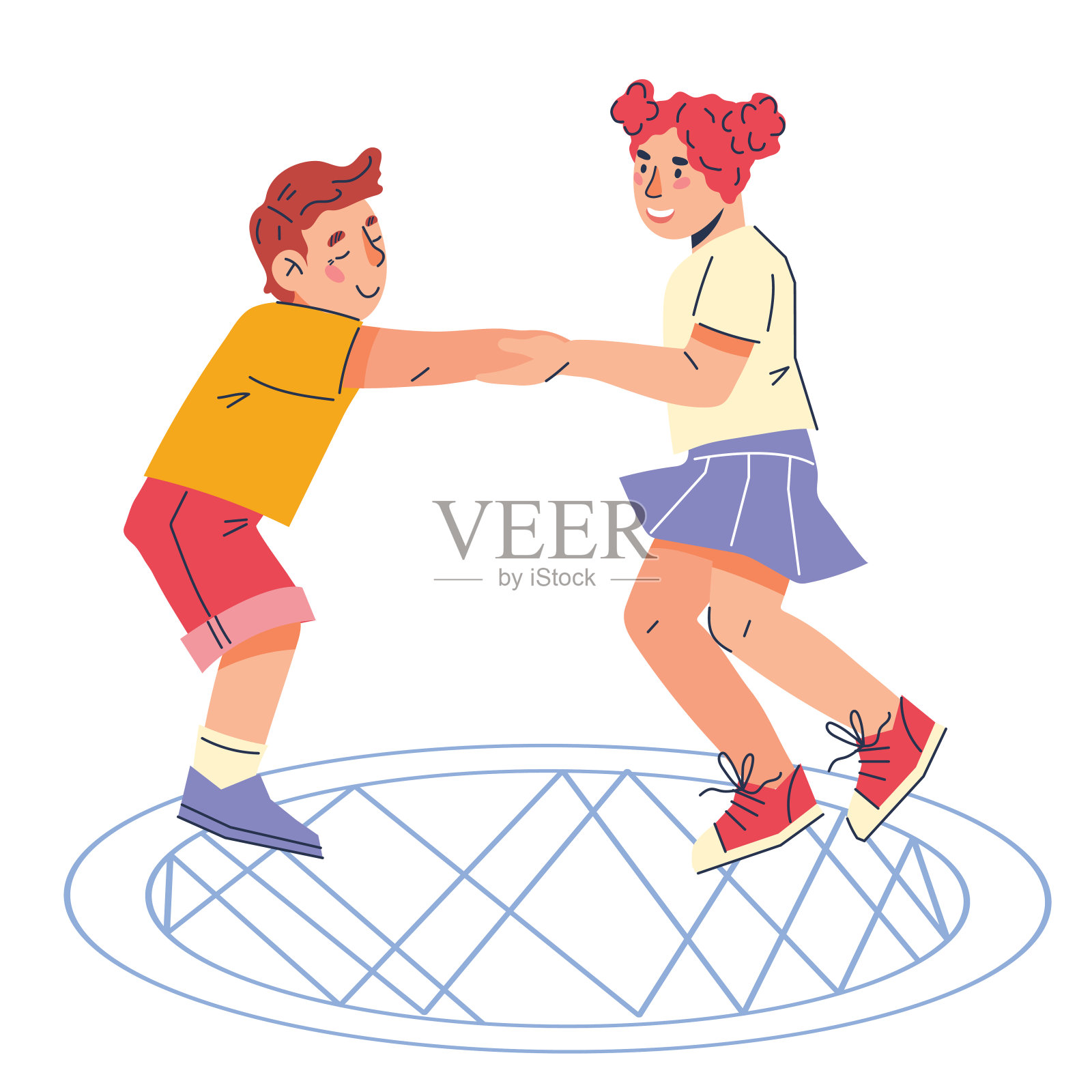 欢快的孩子们手牵着手在蹦床上蹦蹦跳跳，平矢量孤立。插画图片素材