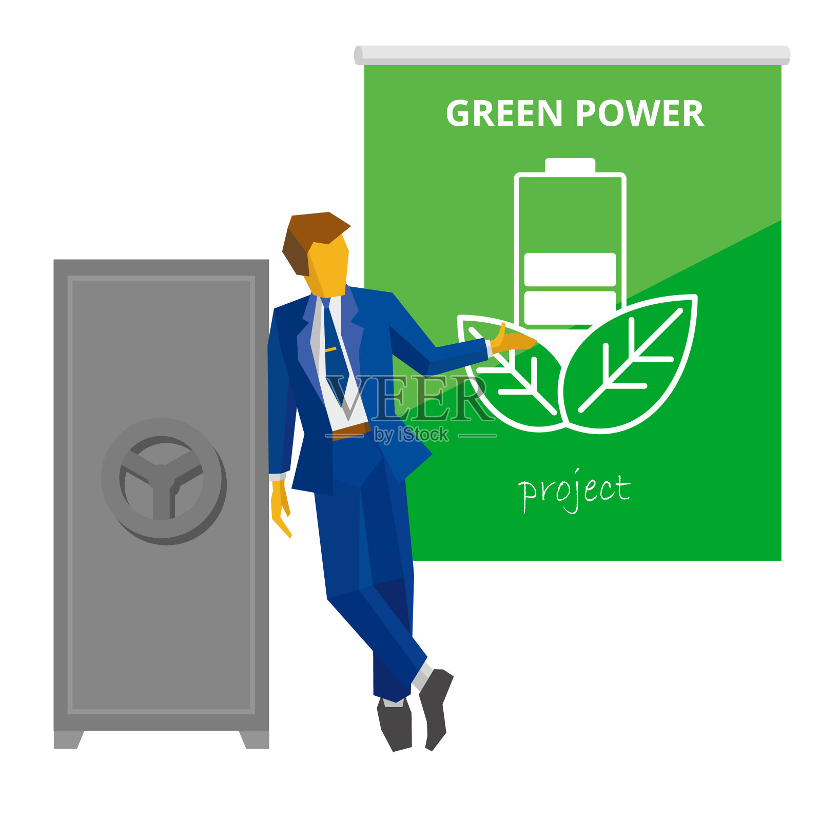 商人站在关闭的保险柜旁，展示有关绿色能源的海报。插画图片素材