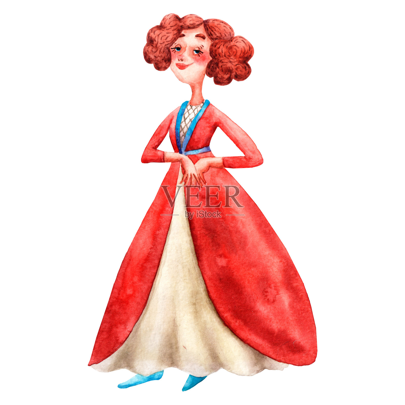 可爱的公主水彩插图。古老童话中的中世纪人物。手绘的风格。卡通年轻的女王。中世纪的服装。花卉装饰。红头发的女孩。沉思的脸。可爱的邀请卡。插画图片素材