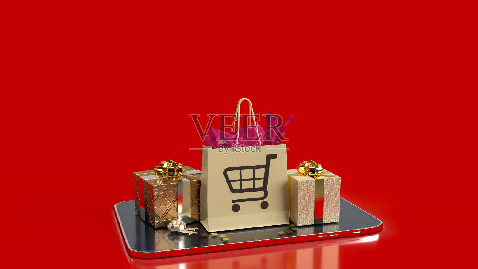 用于在线市场概念3d渲染的平板电脑购物盒照片摄影图片