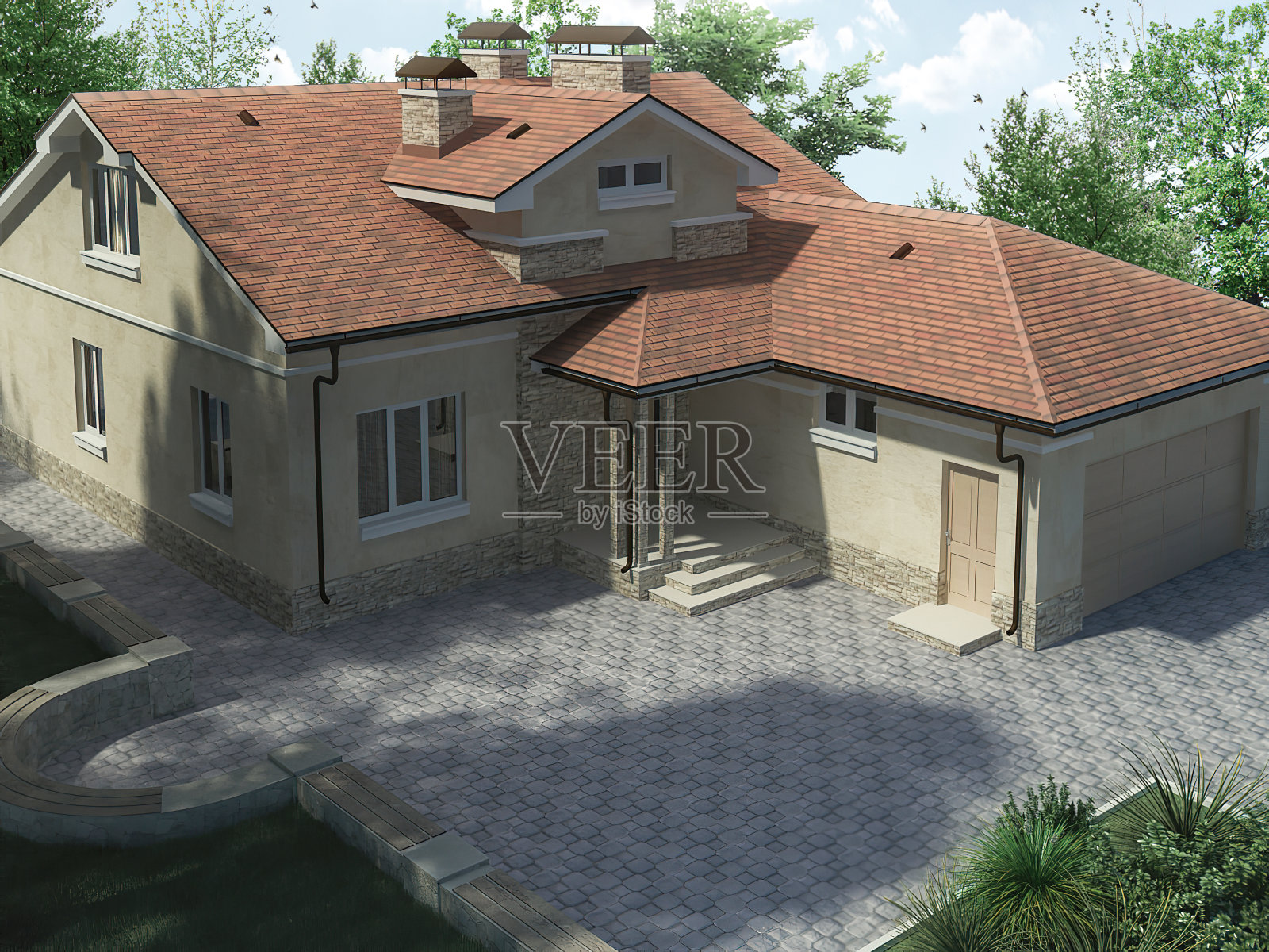 森林里的一个乡村房子的建筑项目的3d渲染。带有红色屋顶和露台的乡村别墅。照片摄影图片