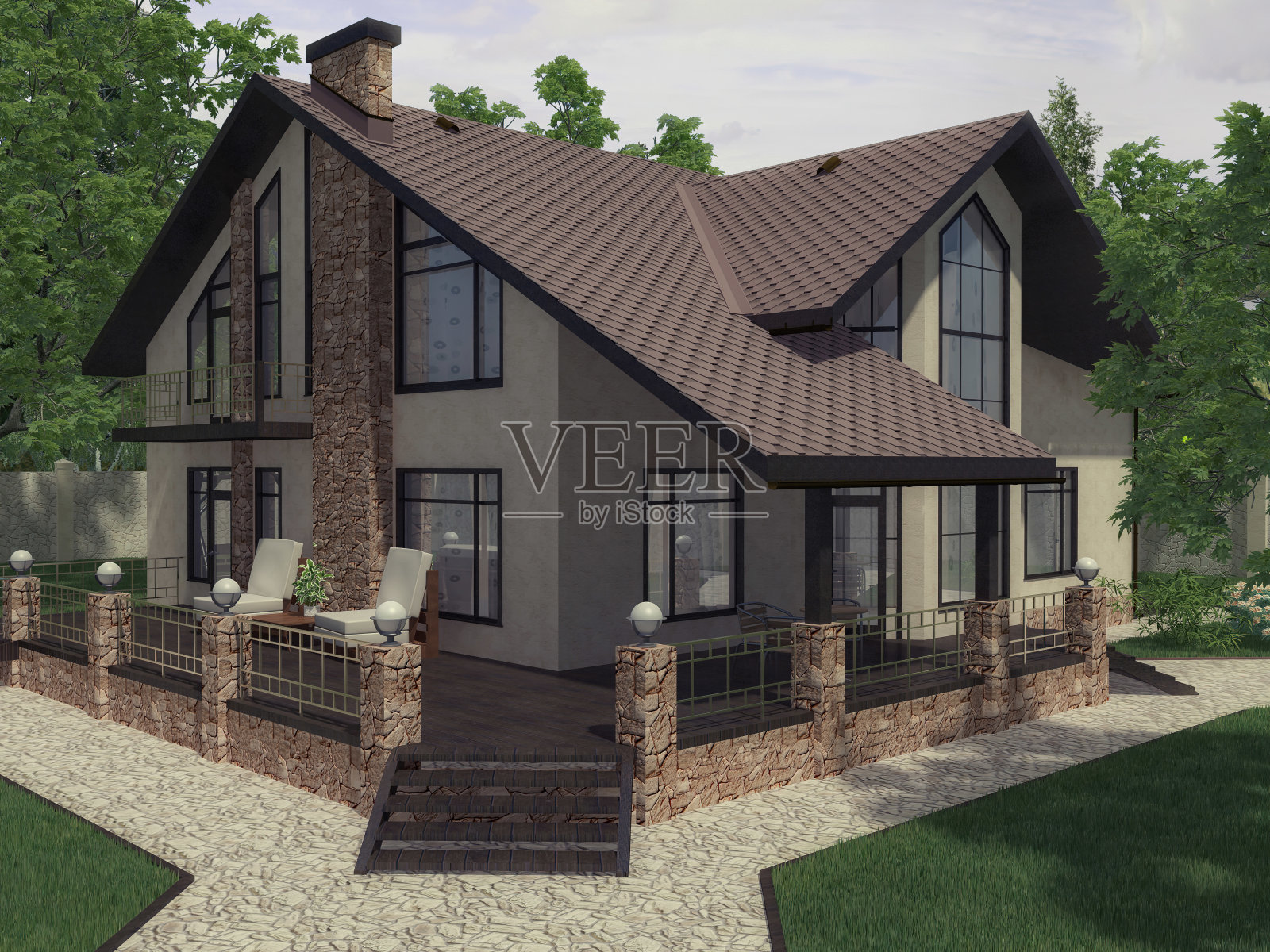 森林里的一个私人乡村住宅建筑项目的3d渲染。带有阁楼和大露台的乡村别墅。房子位于有景观的地块上。使用绿色屋顶和露台上的景观。照片摄影图片