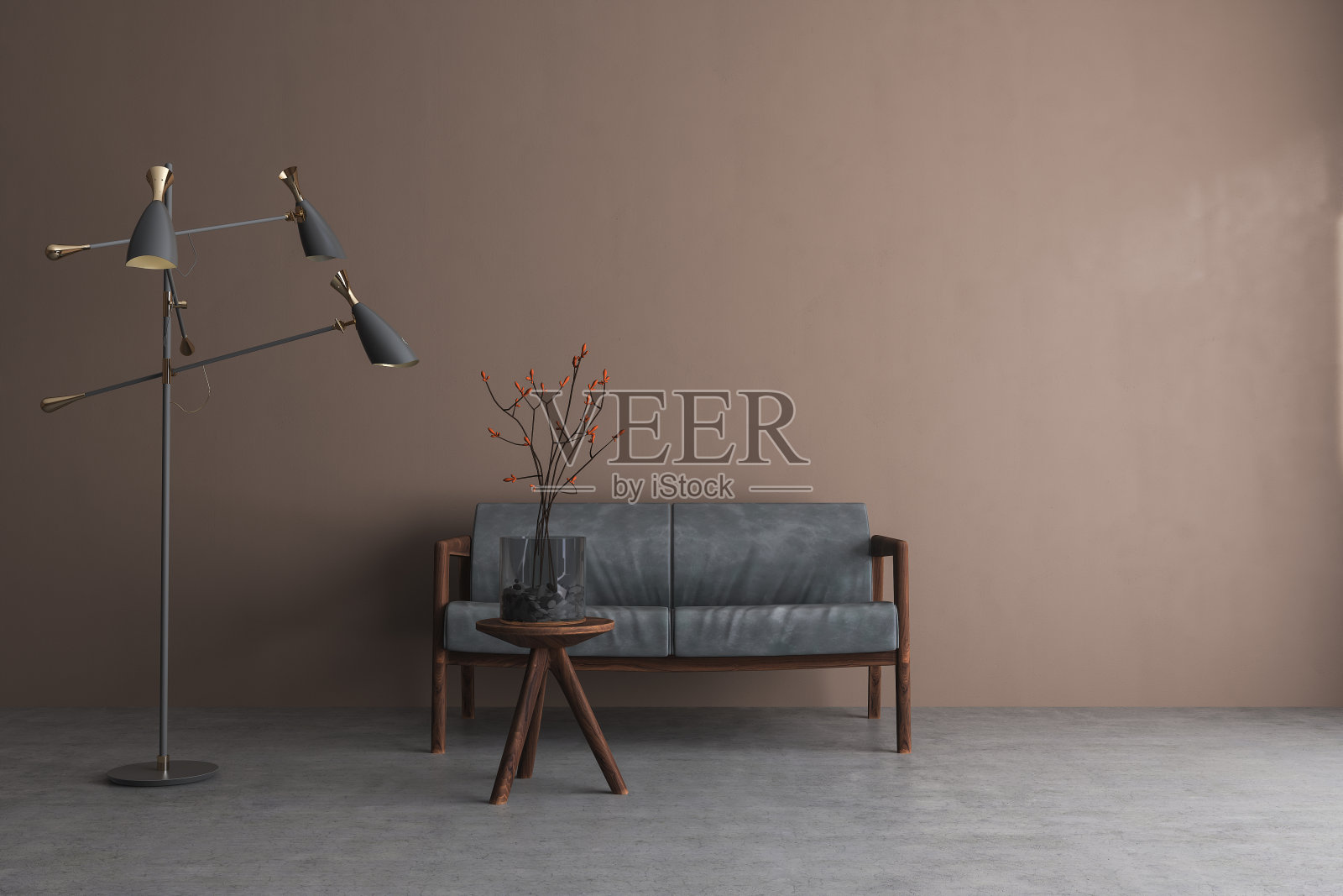 客厅里的沙发，前面棕色的墙斯堪的纳维亚式的室内设计。照片摄影图片