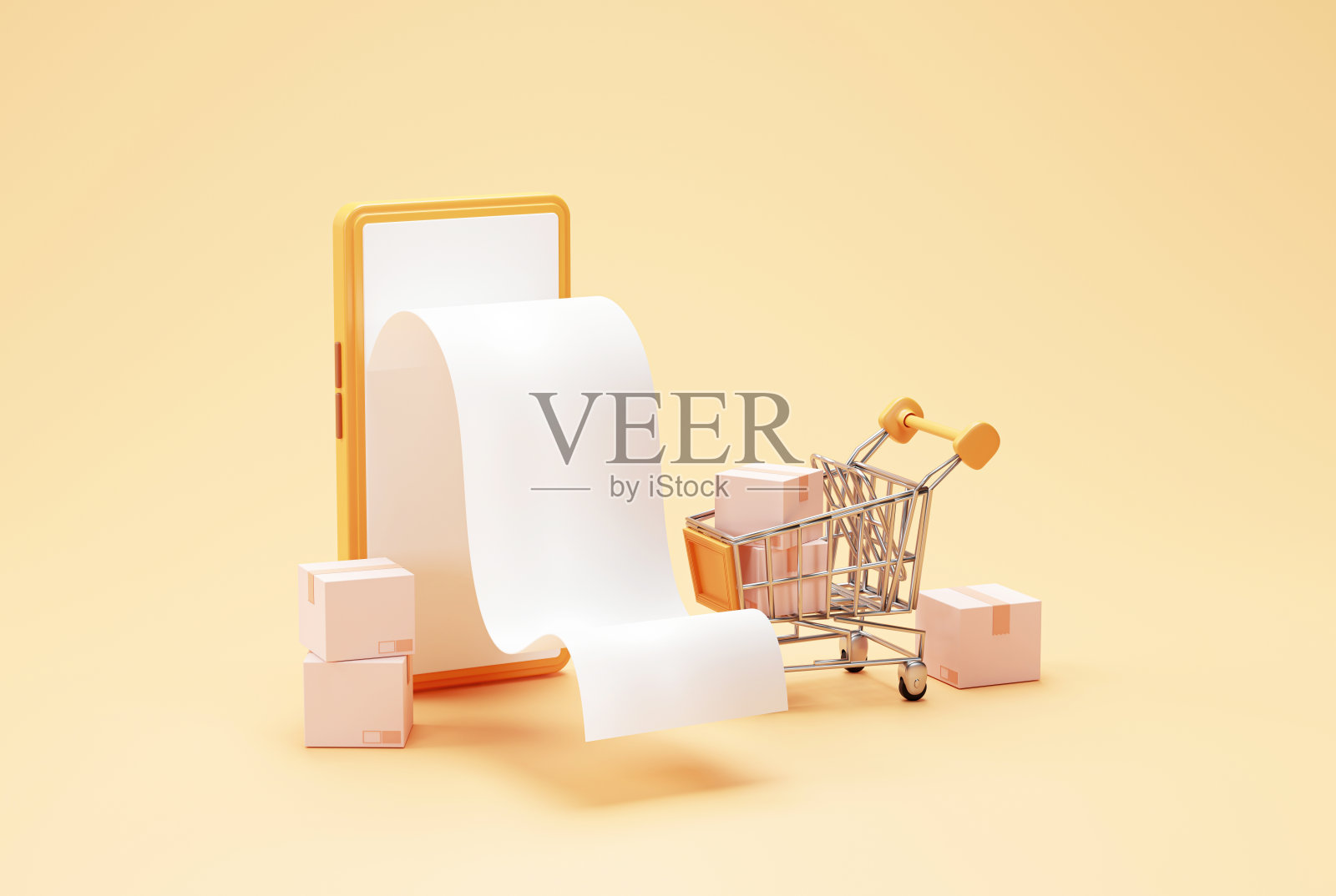 购物车与智能手机接收和纸板箱交付和购物概念橙色背景3d渲染照片摄影图片