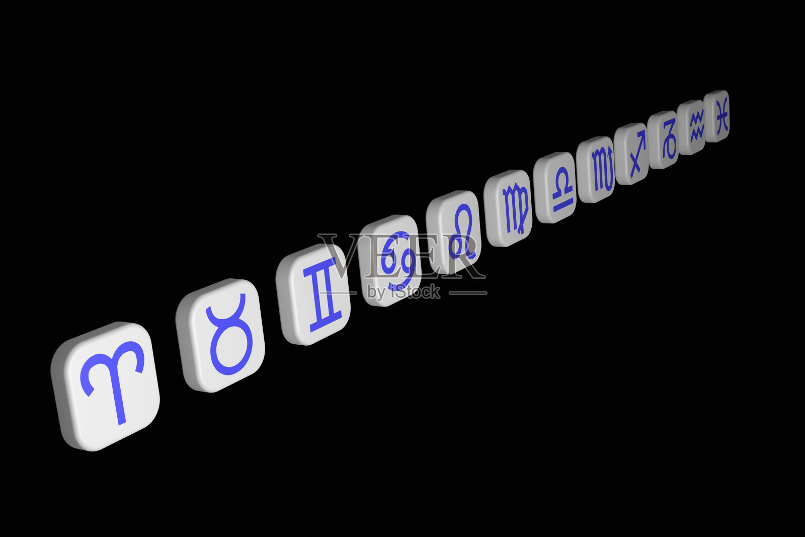 白色瓷砖上的蓝色占星符号。3 d渲染。照片摄影图片