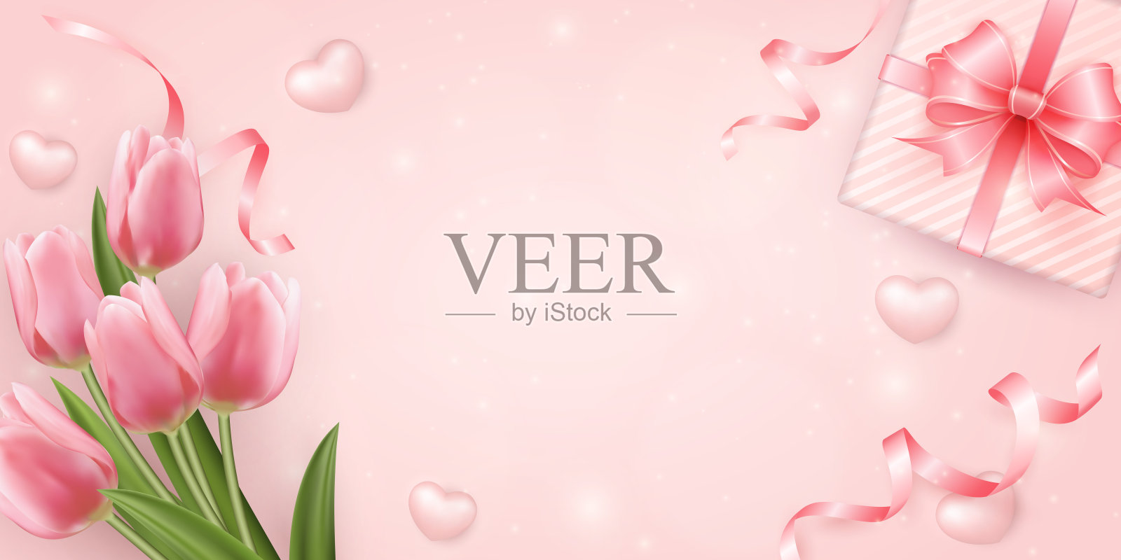 植物园粉色郁金香花爱心及彩带花礼品盒照片摄影图片