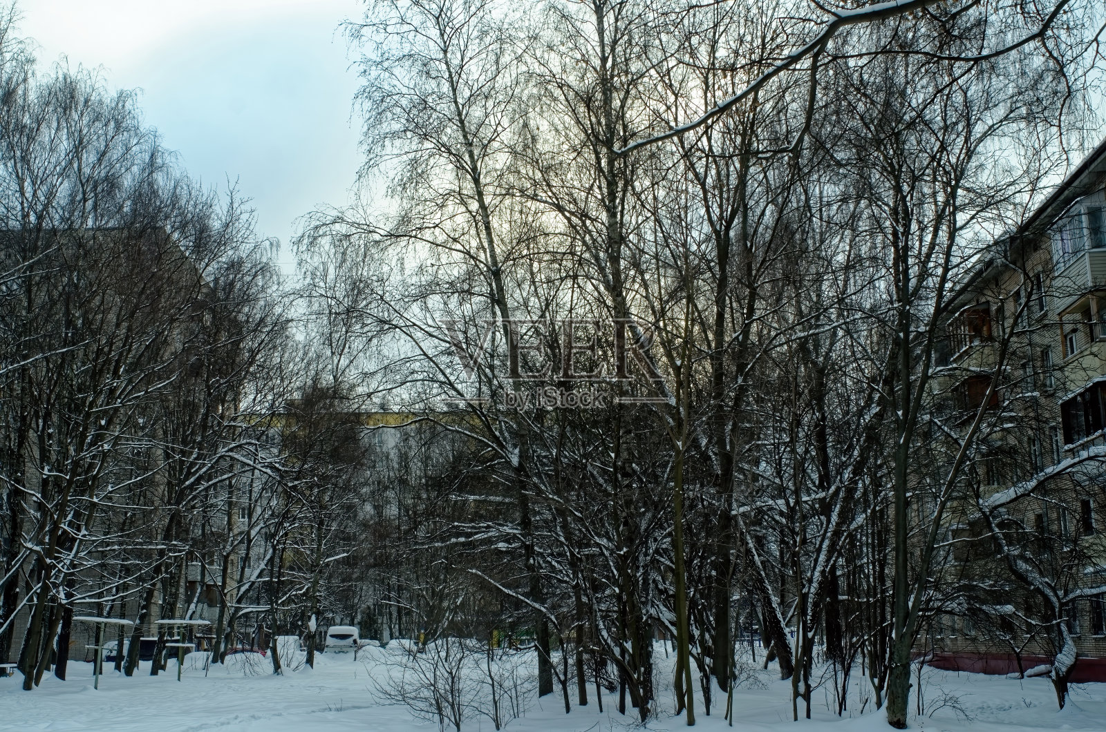 住宅区白雪覆盖的院子照片摄影图片