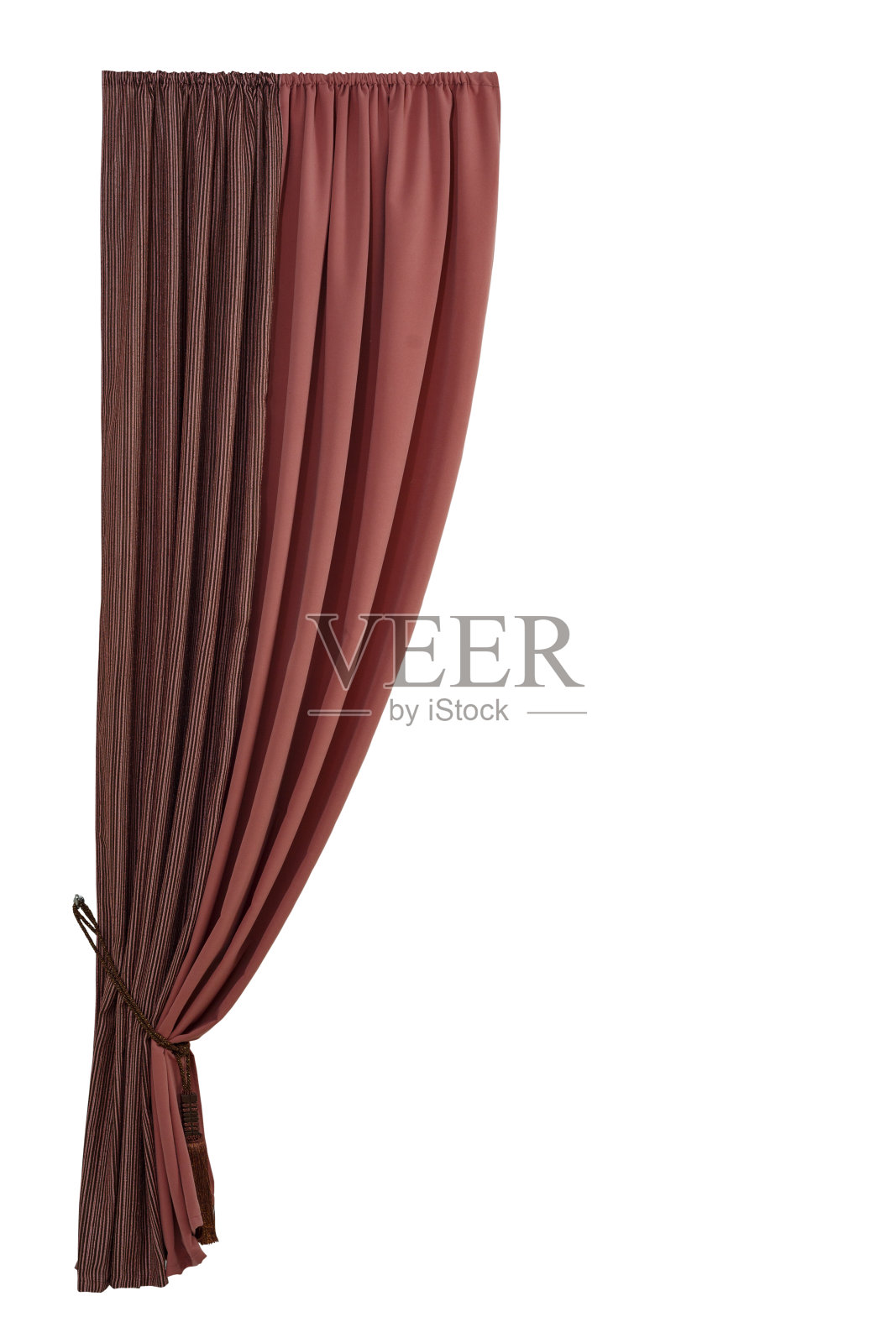 带钩的漂亮窗帘。孤立的白色背景。照片摄影图片