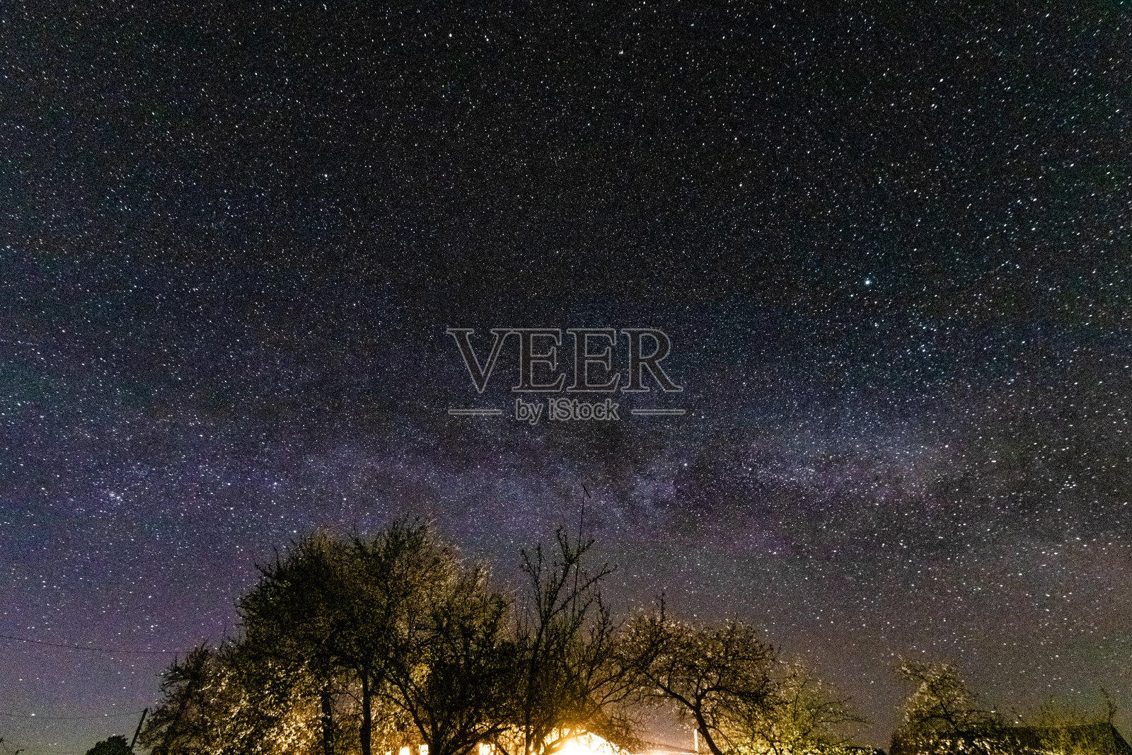 风景摄影，夜景摄影。恒星，银河系中的银河系。长时间曝光的照片。树木、田野和天空。村子里的午夜。太空的天文学概念照片摄影图片