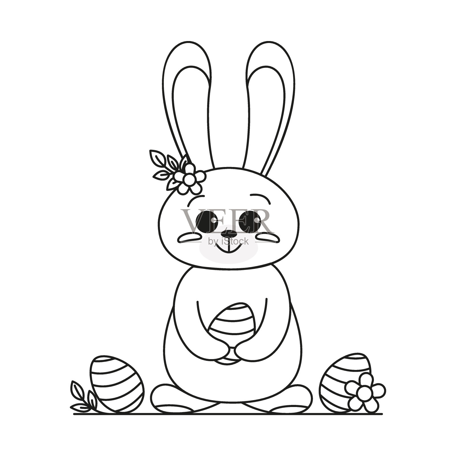 涂鸦风格的复活节快乐兔子。可爱的兔子轮廓，兔子为上色。兔兔卡通画册或儿童版。说明向量。设计元素图片