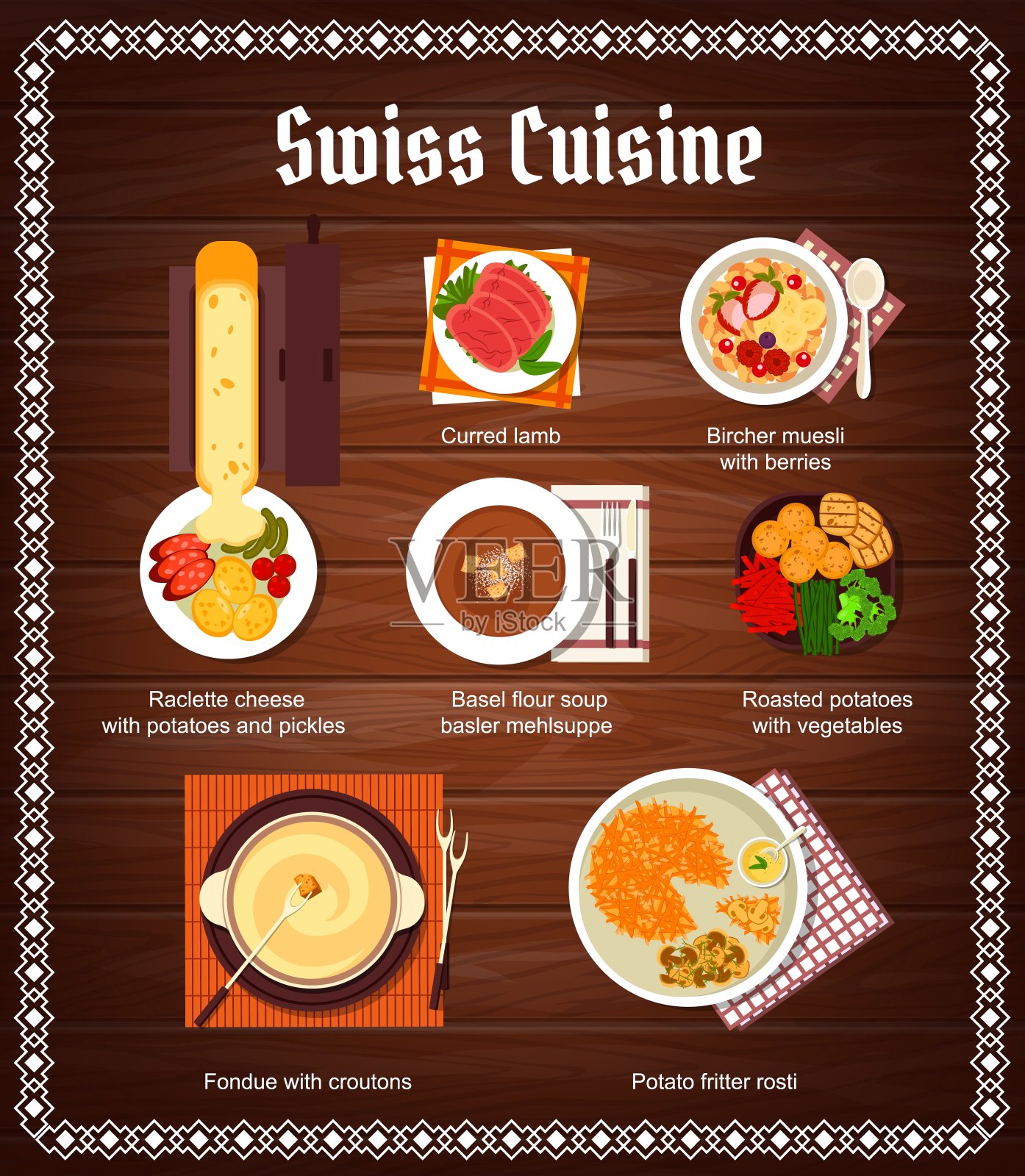 瑞士美食菜单，食物和晚餐餐插画图片素材
