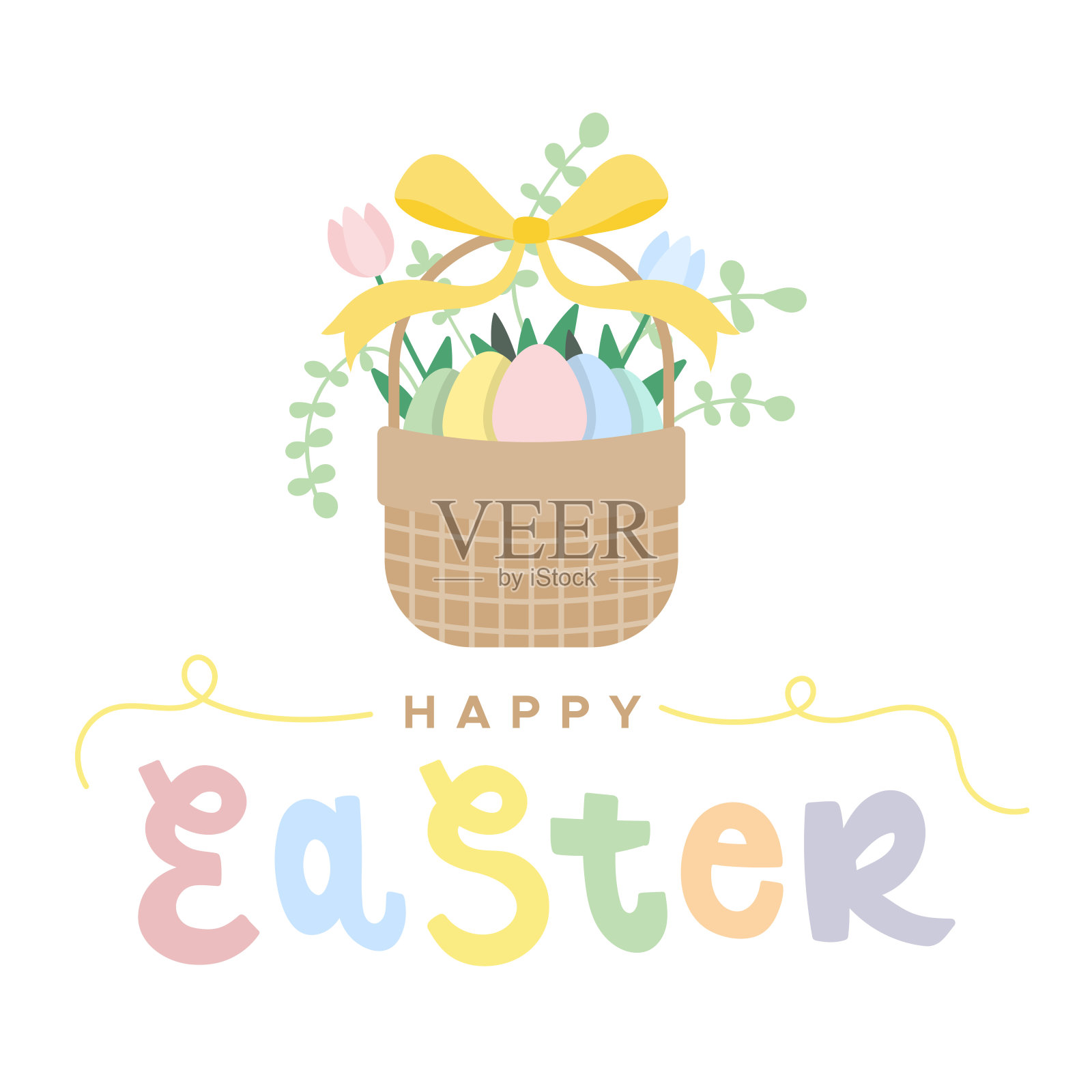 复活节快乐。装有复活节彩蛋、鲜花和植物的柳条篮子。复活节刻字。柔和的颜色。用于贺卡，海报，横幅。矢量插图，平面设计插画图片素材
