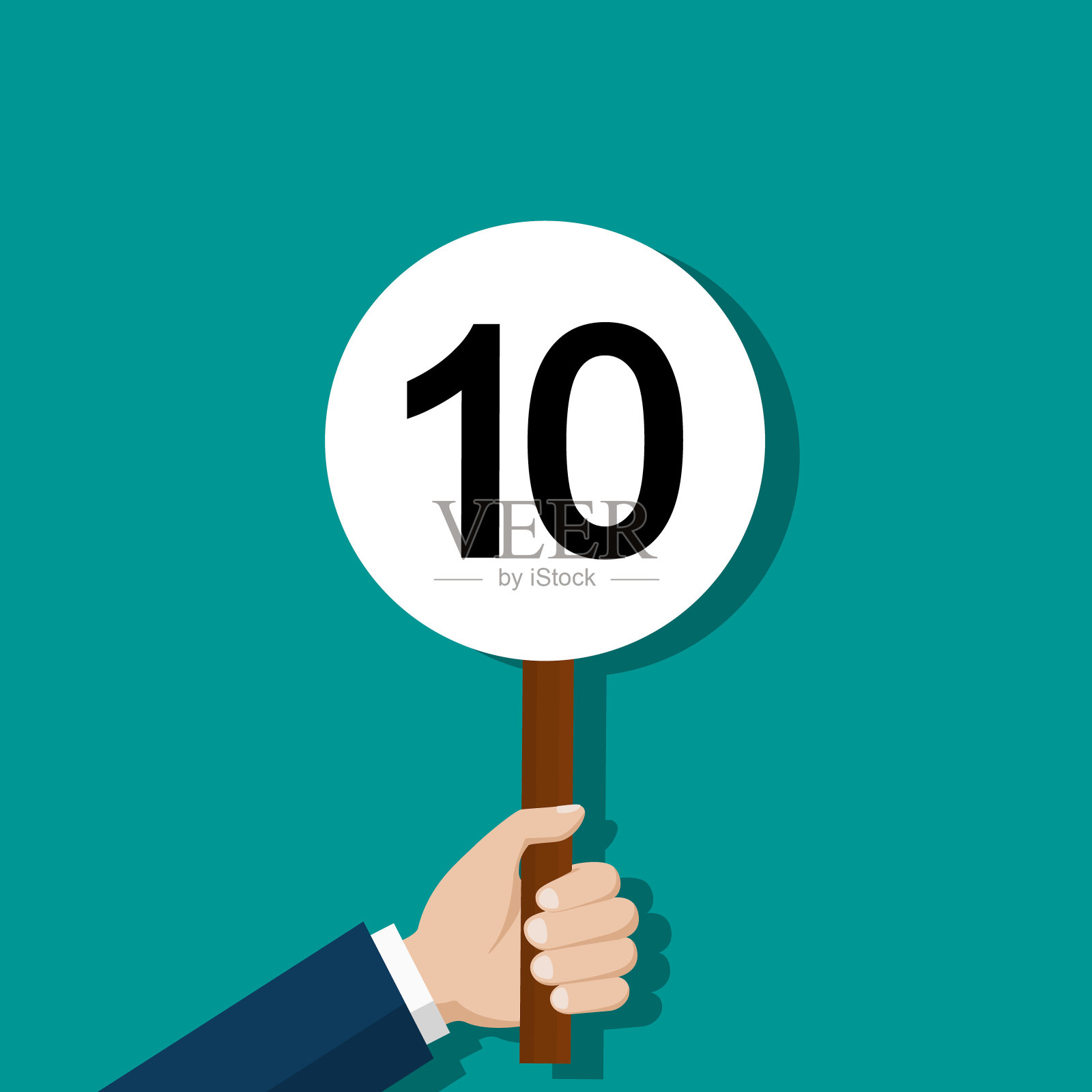 10号记分卡。陪审团手中的记分卡。手拿10号牌。法官的投票。竞赛委员会、竞赛委员会、年级委员会。向量插画图片素材