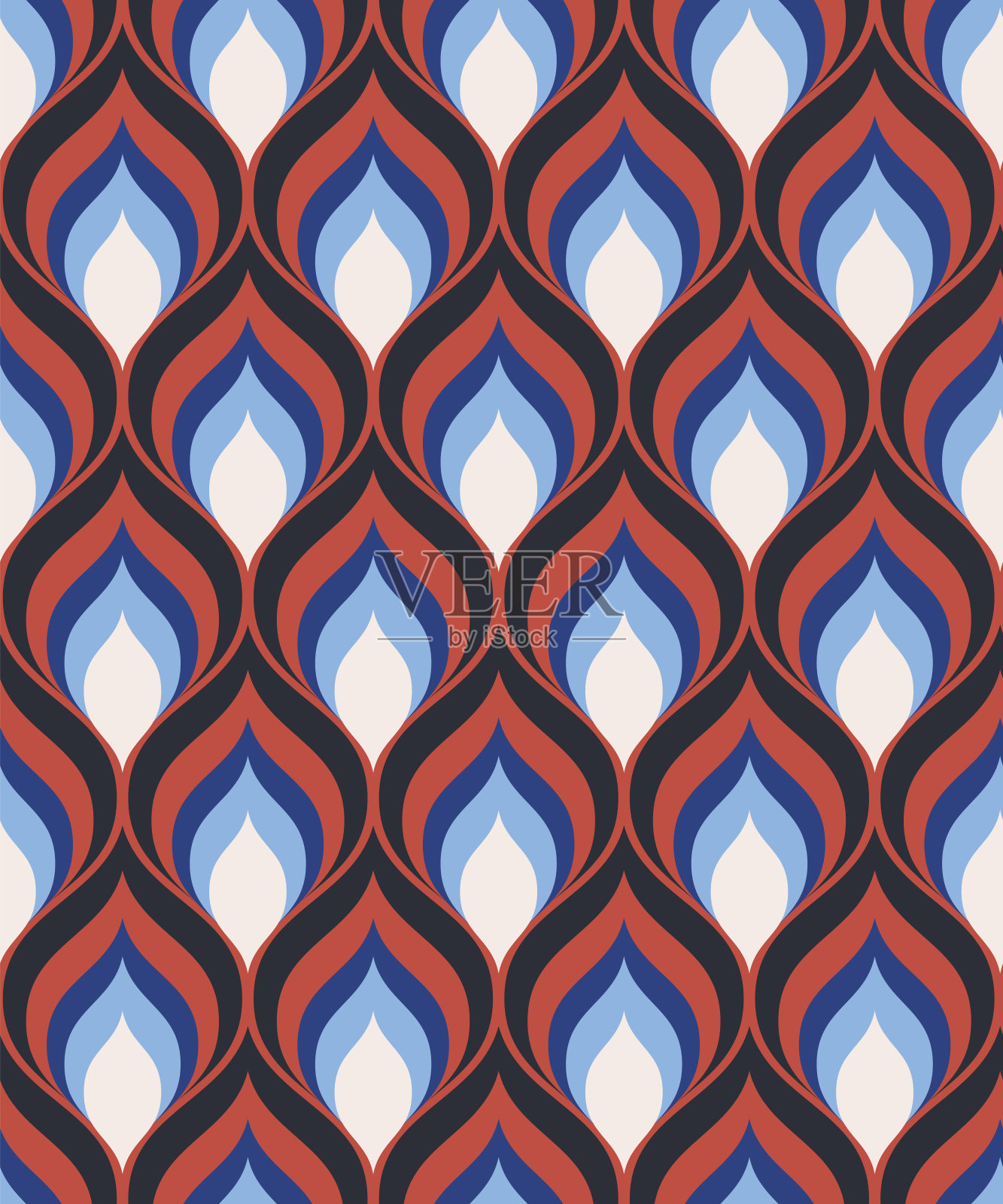 抽象几何无缝图案。彩色ogee壁纸矢量打印。多色亚洲风格的鱼装饰。造型简单的小型时装面料设计插画图片素材