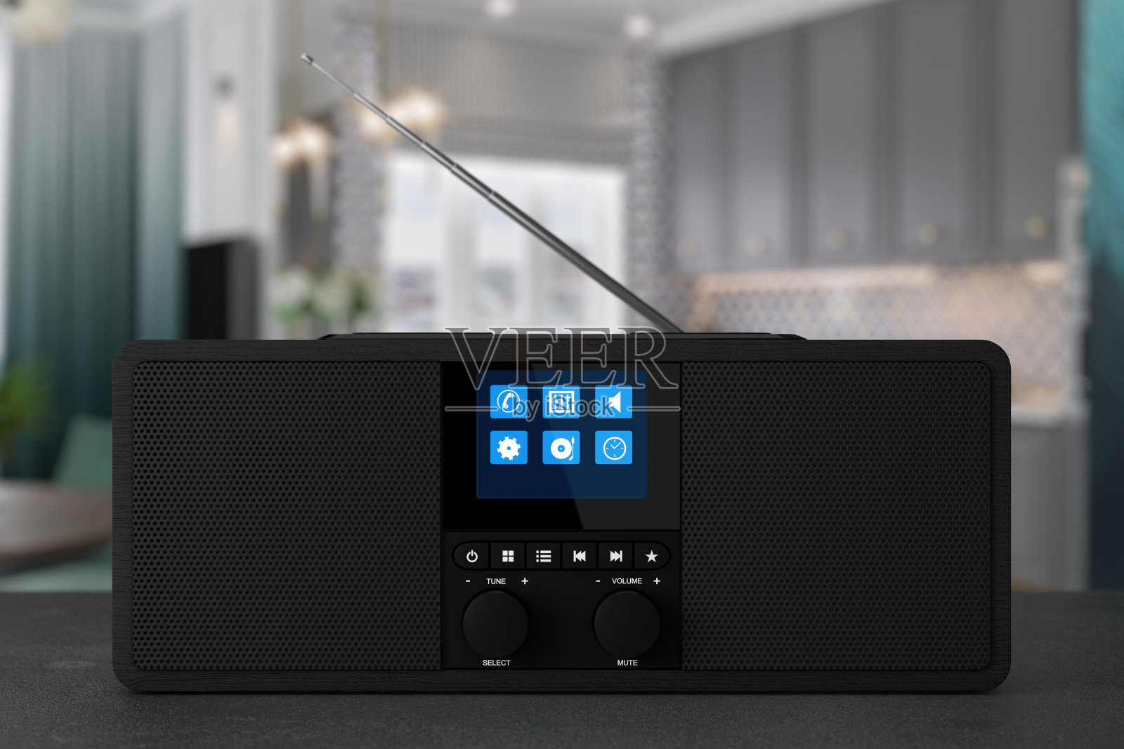 黑色便携式智能无线音箱。无线在线音频和智能手机无线充电器的智能设备。3d渲染照片摄影图片