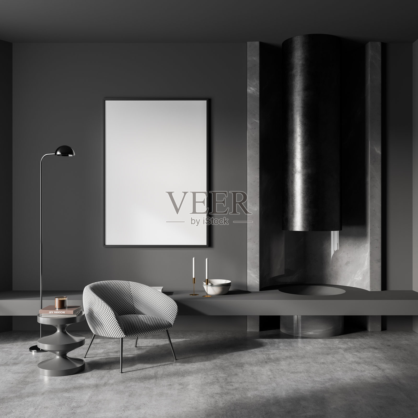 复制空间模型墙海报在别墅客厅设计室内，灰色的家具，黑色的墙壁，混凝土地板，扶手椅，壁炉。放松的概念。三维渲染照片摄影图片