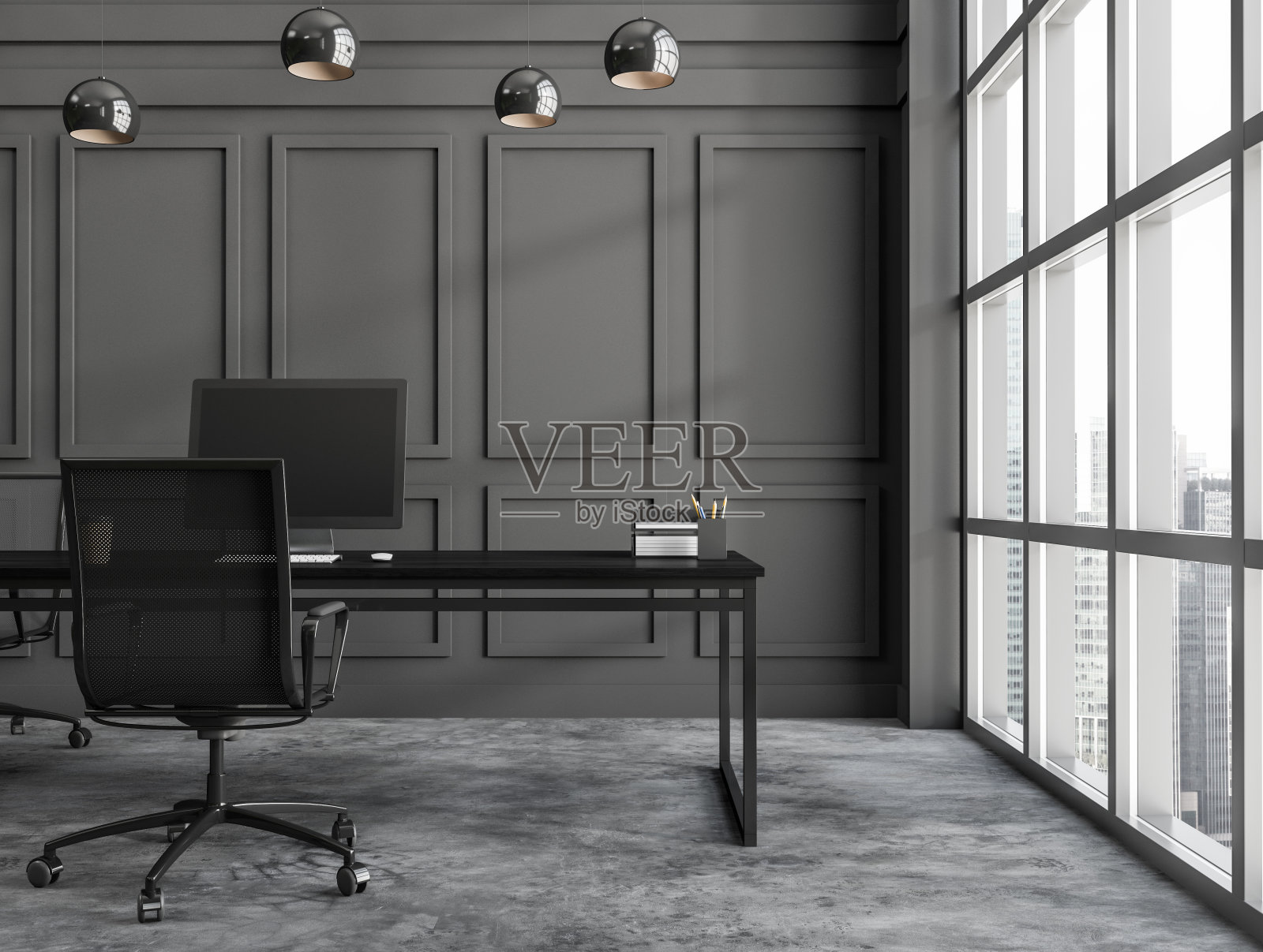 深灰色现代办公场所内部与桌面和全景窗户与新加坡摩天大楼城市景观照片摄影图片