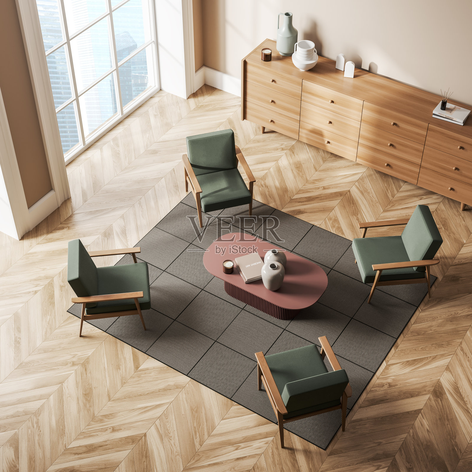 俯视图的客厅内部与座位，抽屉和窗户照片摄影图片