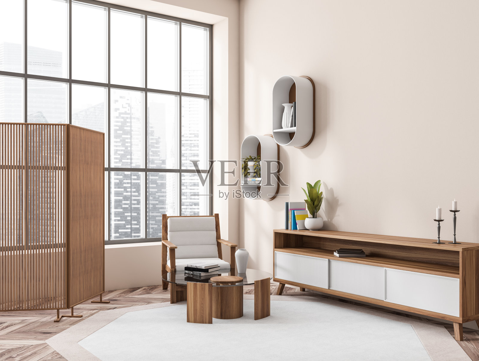 明亮的客厅内部有扶手椅和抽屉，窗户和模型照片摄影图片