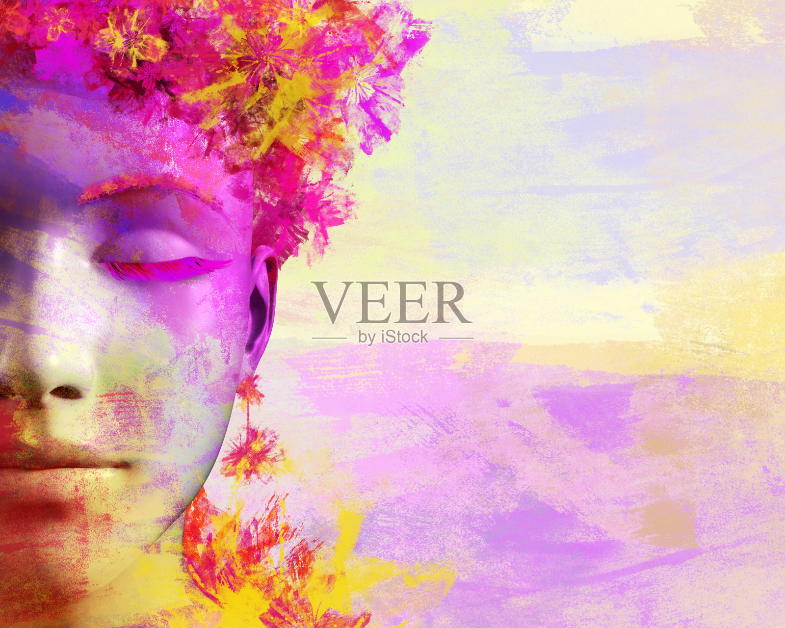 彩色调色板绘制的女性脸的3d渲染插图。插画图片素材