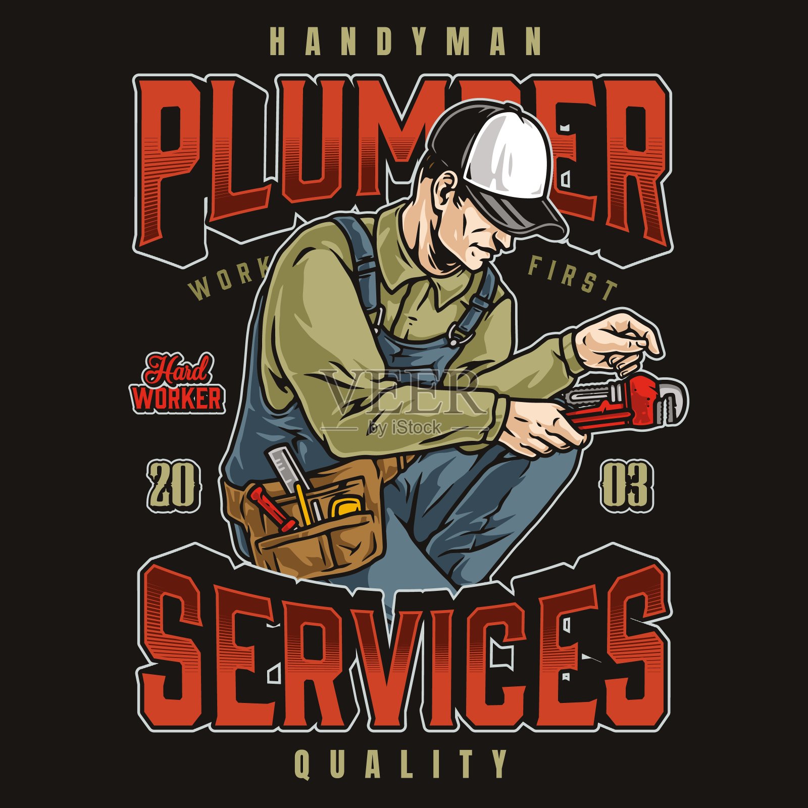 带管钳彩色标签的杂工插画图片素材