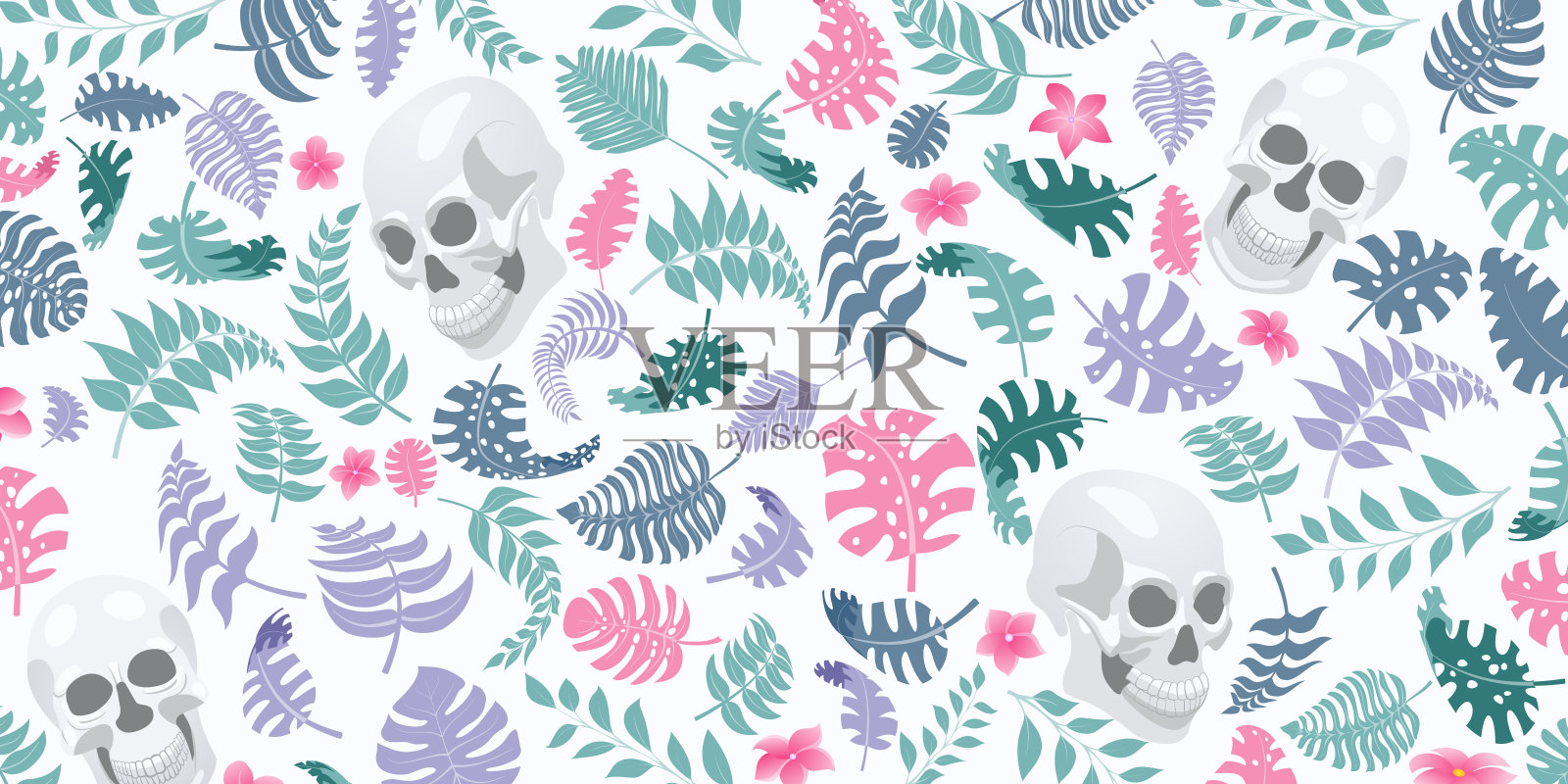 背景有棕榈叶，花和人类头骨插画图片素材