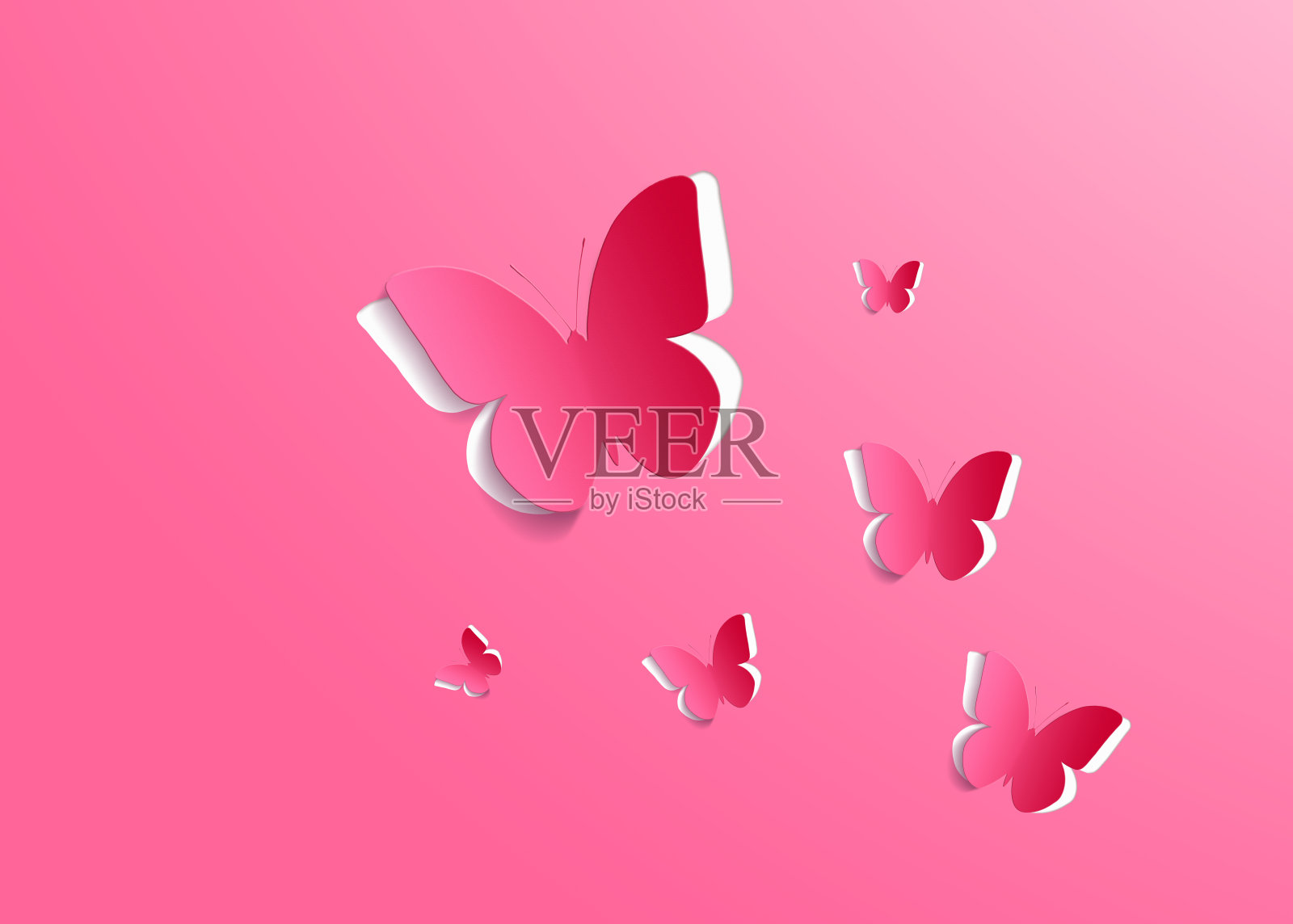 粉红色背景上的纸蝴蝶。爱情和情人节的概念。俯视图照片摄影图片