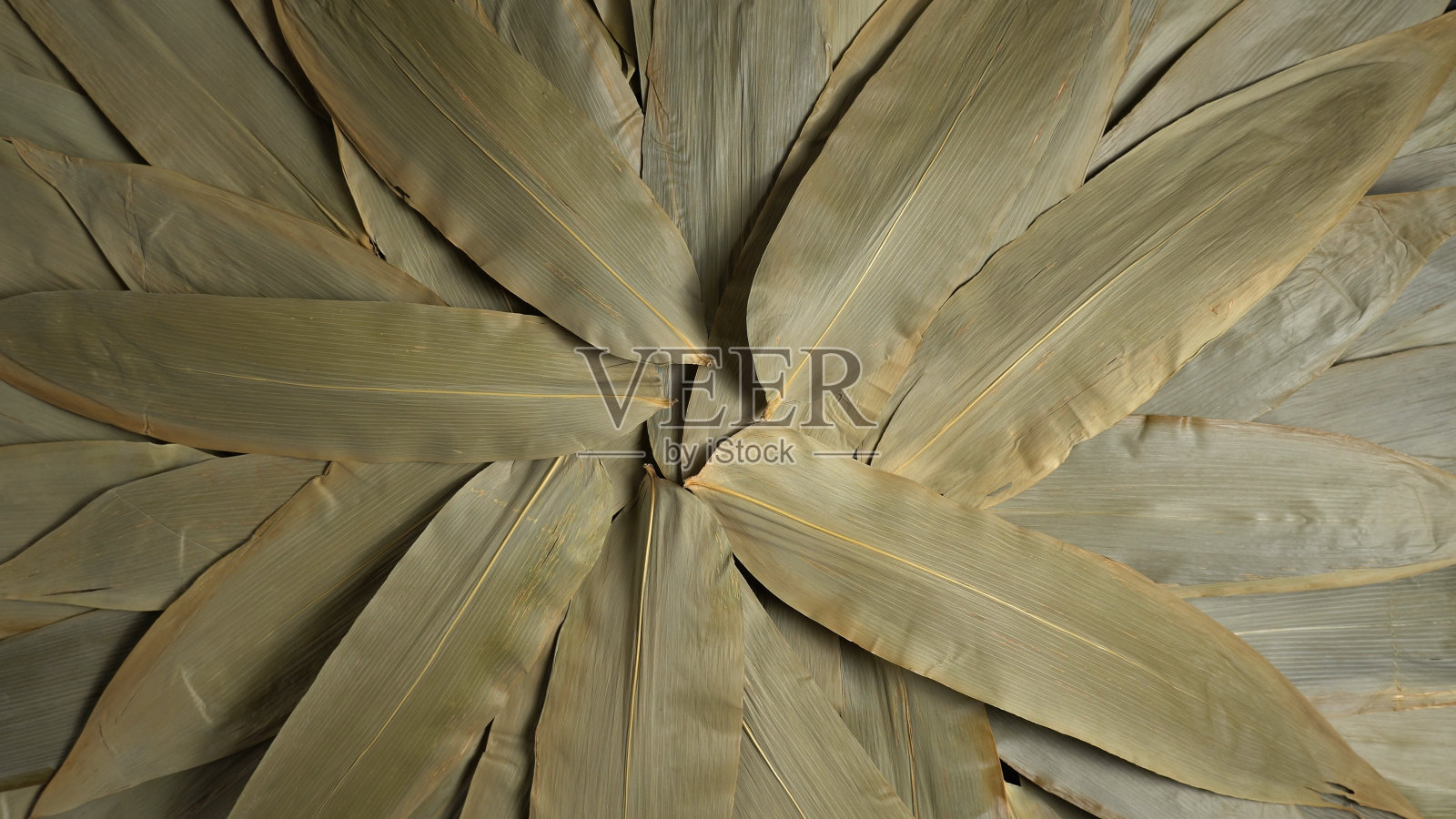 绿色竹叶背景缓慢旋转。食品级竹叶餐桌背景为广式粽子，在端午节、端午节时用竹包糯米煮粽子。照片摄影图片