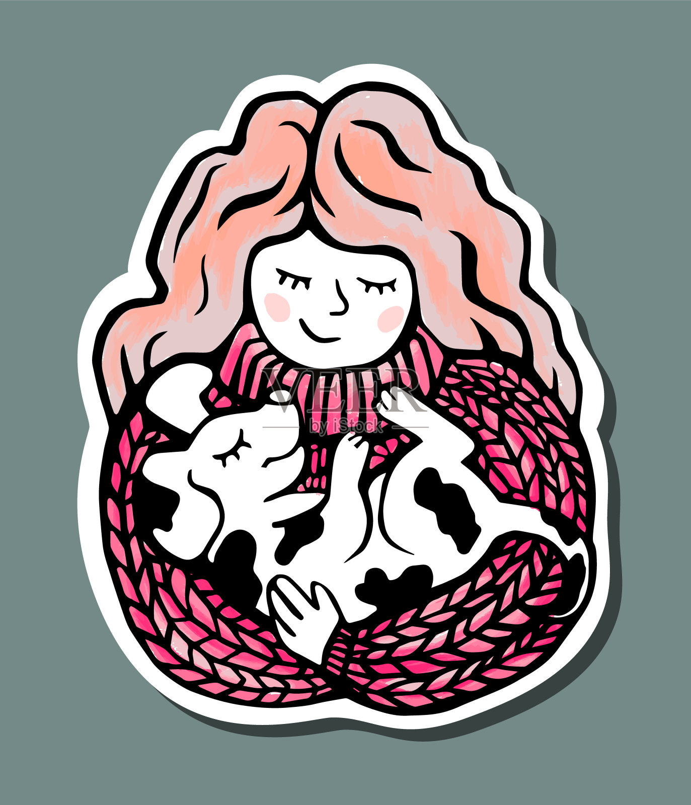 这个女孩抱着一只小狗。可爱的手绘贴纸插图。插画图片素材