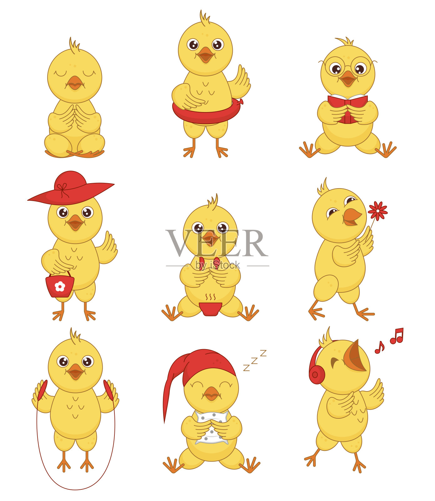 向量集可爱的小鸡在不同的姿势插画图片素材