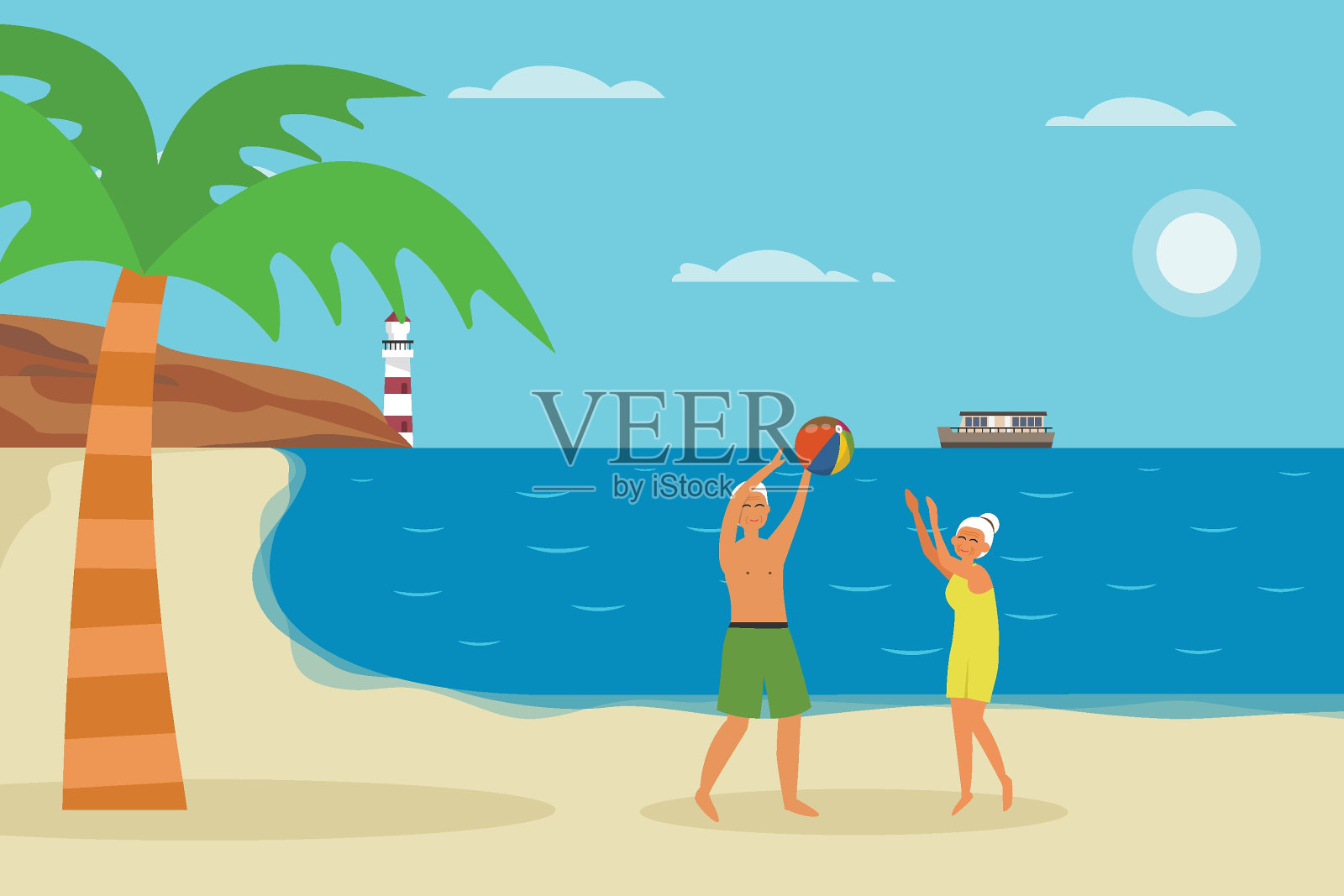 一对老夫妇在沙滩上打排球插画图片素材