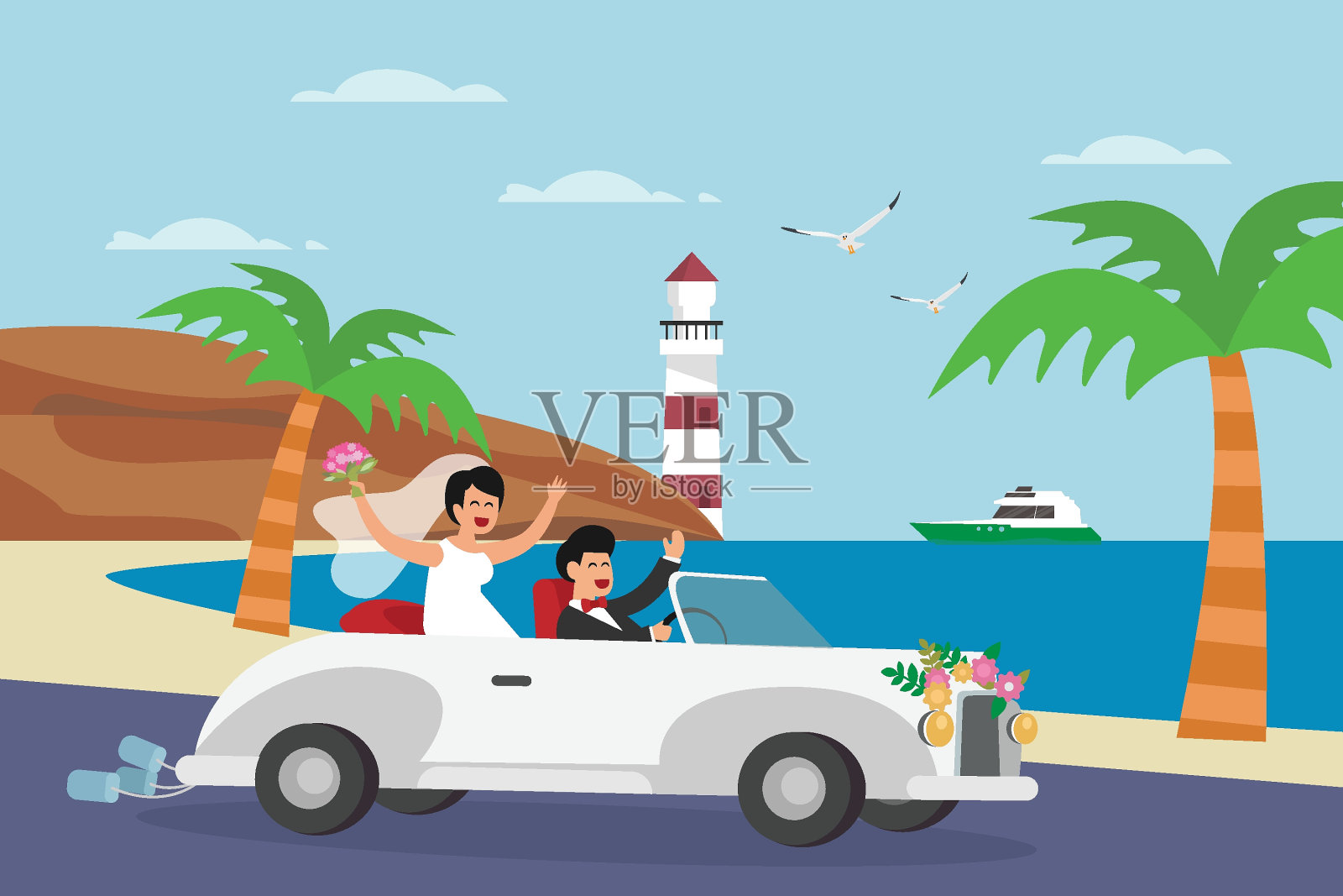 幸福的新婚夫妇开着车上路插画图片素材