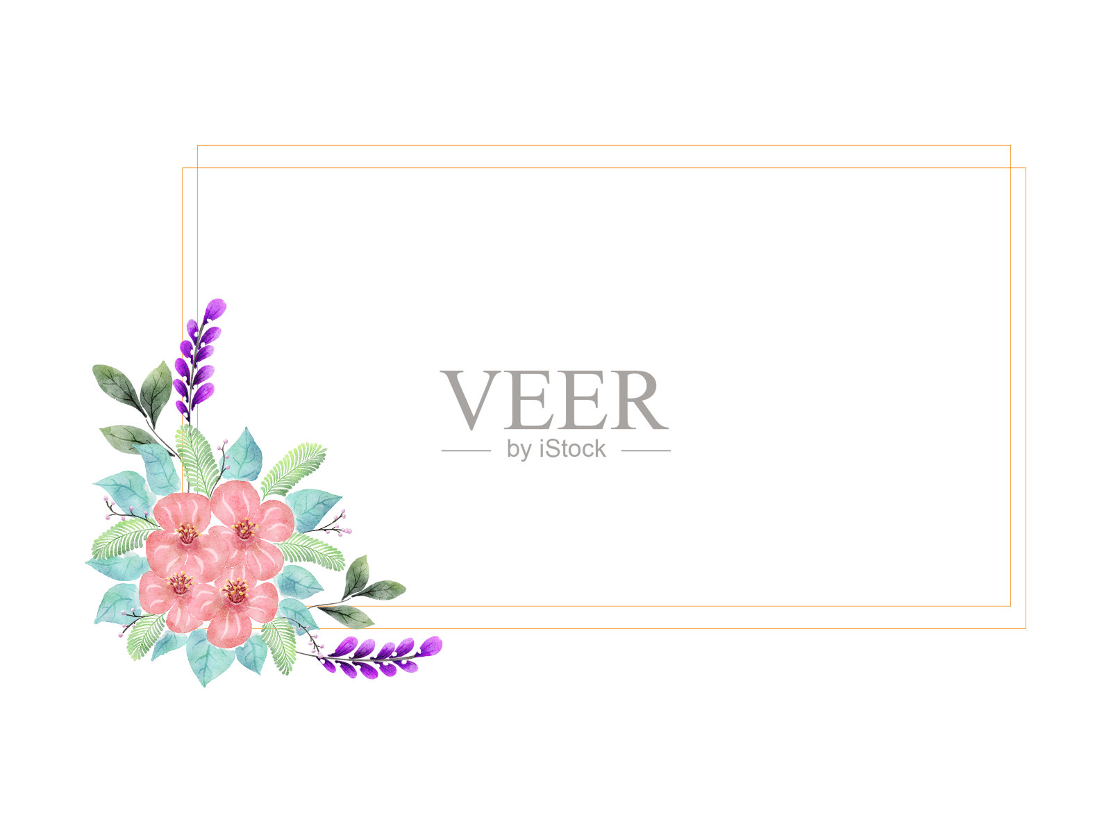 花水彩花环与花园框架。插画图片素材