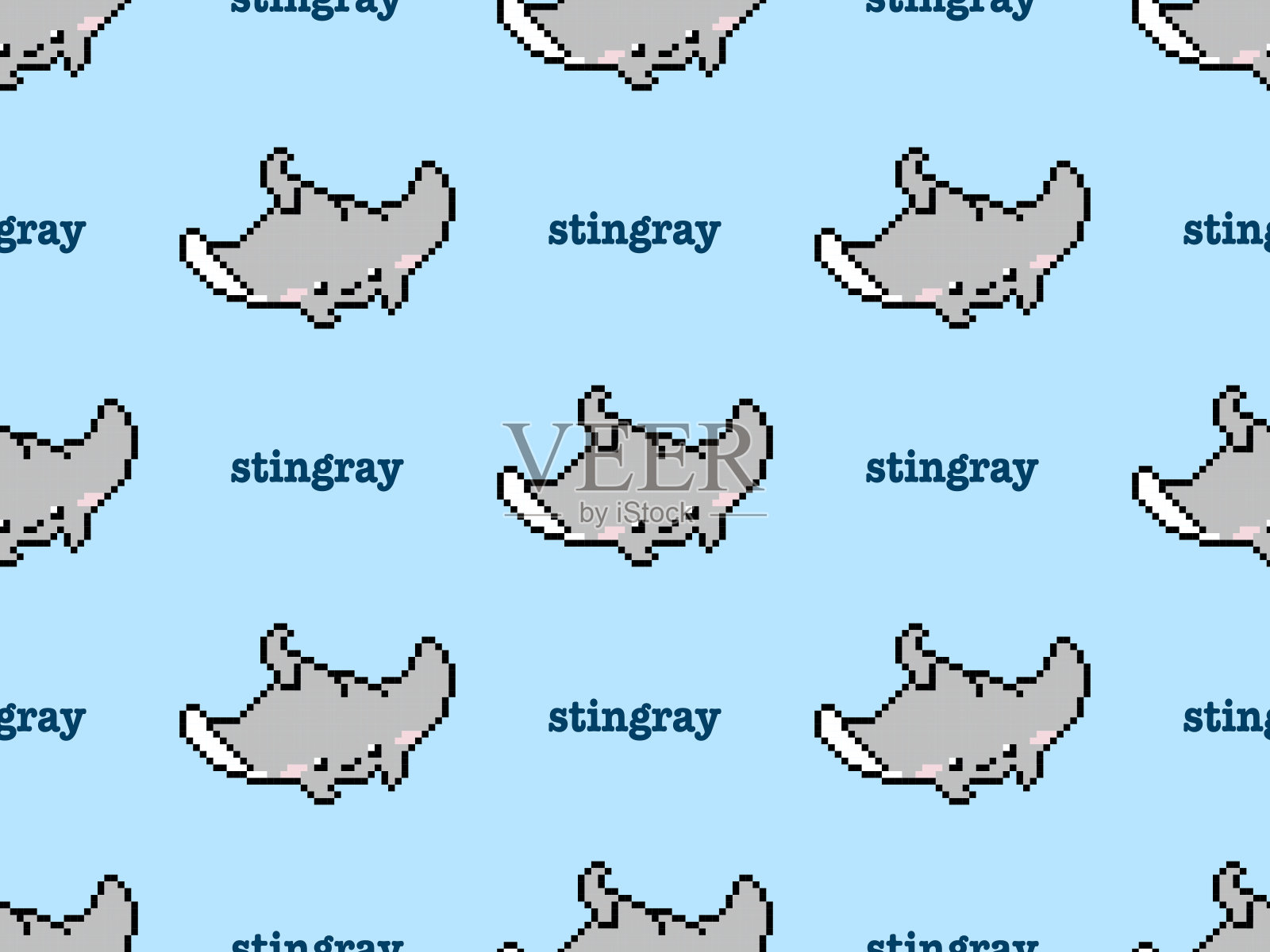 黄貂鱼无缝图案在蓝色背景。像素风格插画图片素材