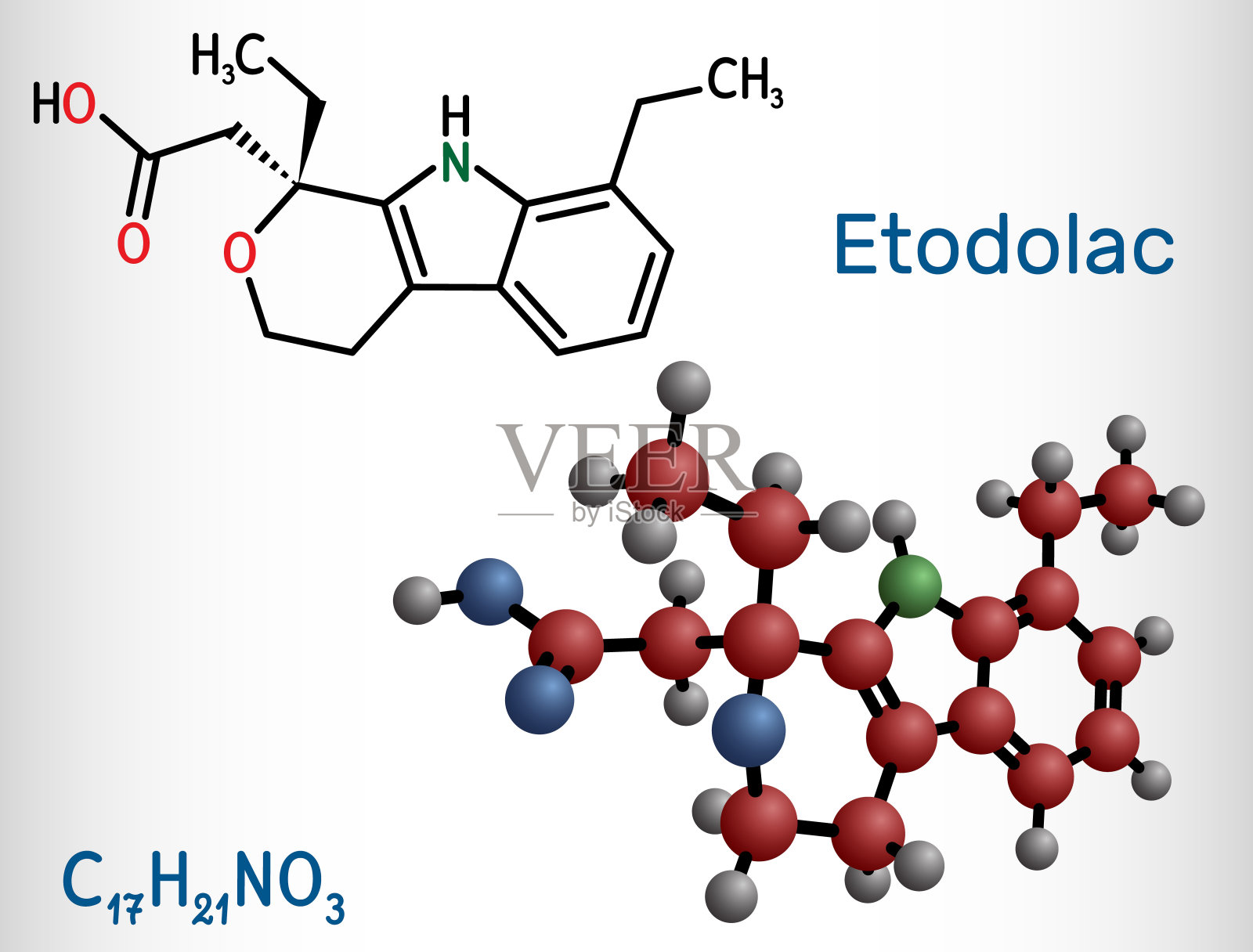 Etodolac分子。它是一种非甾体抗炎药，具有镇痛解热作用。结构化学式，分子模型插画图片素材