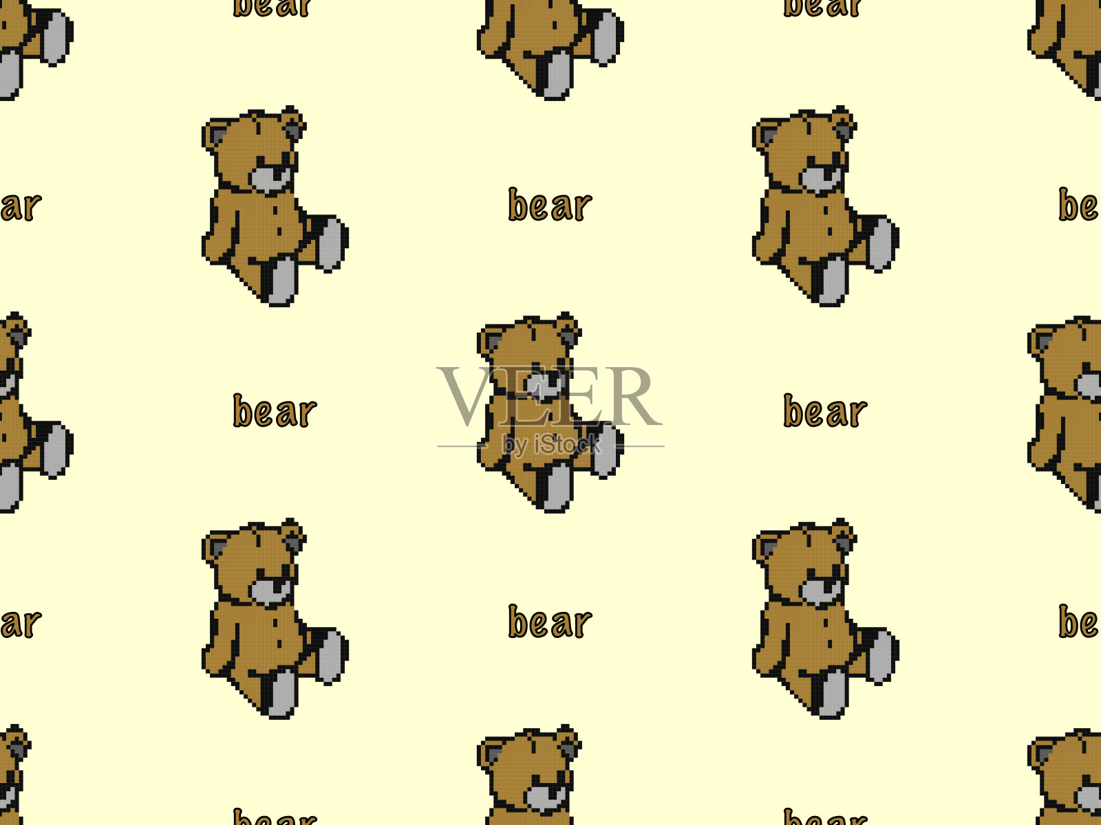 在黄色背景上Bear无缝图案。像素风格插画图片素材
